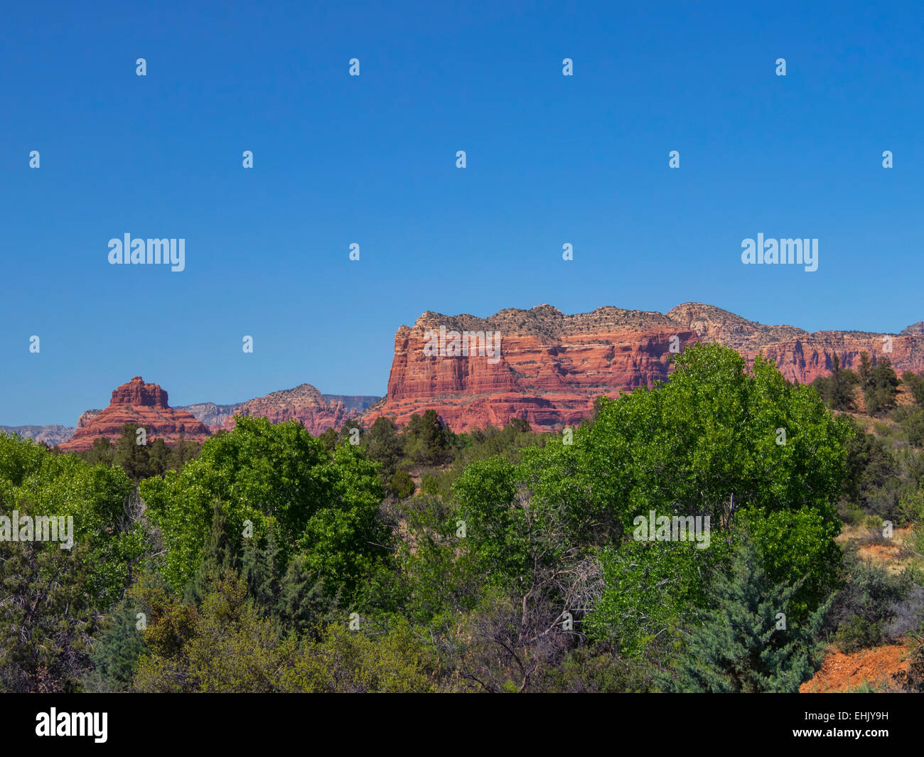 Weitreichende Landschaft Blick von Bell Rock und Gerichtsgebäude Butte aka Adler Berg mit Bäumen Sedona, Arizona, USA. Stockfoto