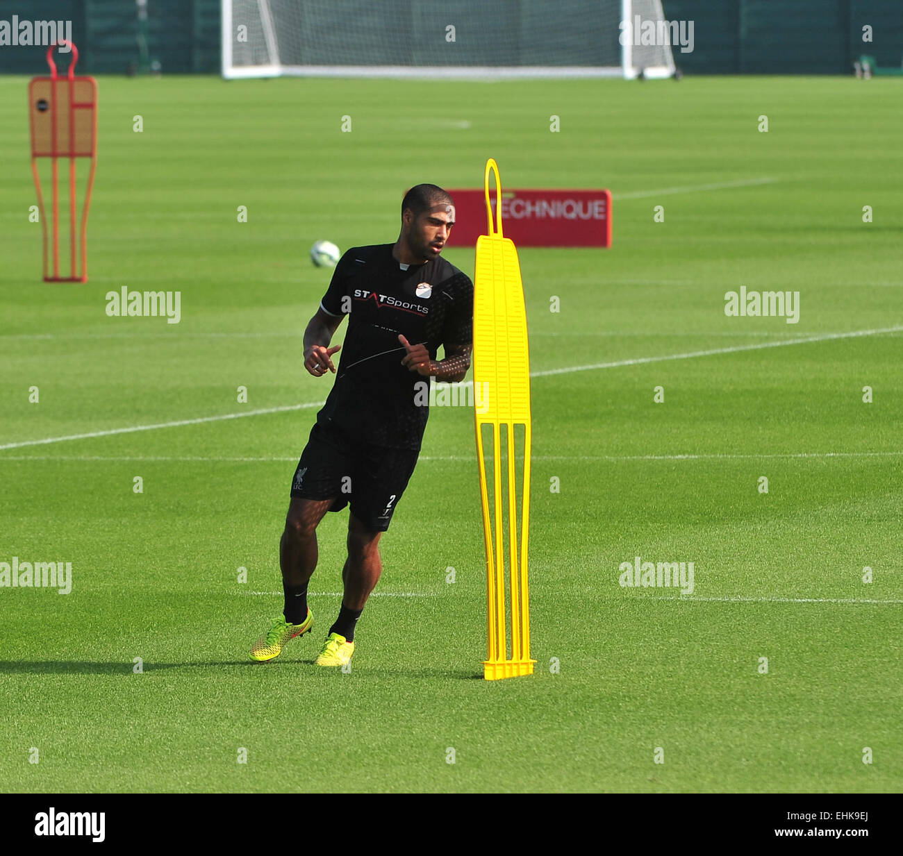 Liverpool F.C.-Spieler Martin Skrtel und Glen Johnson trainieren getrennt in Melwood nach Verletzungen in ihrem letzten Spiel für Liverpool mit Abholung: Glen Johnson wo: Liverpool, Vereinigtes Königreich: 10 Sep 2014 Stockfoto