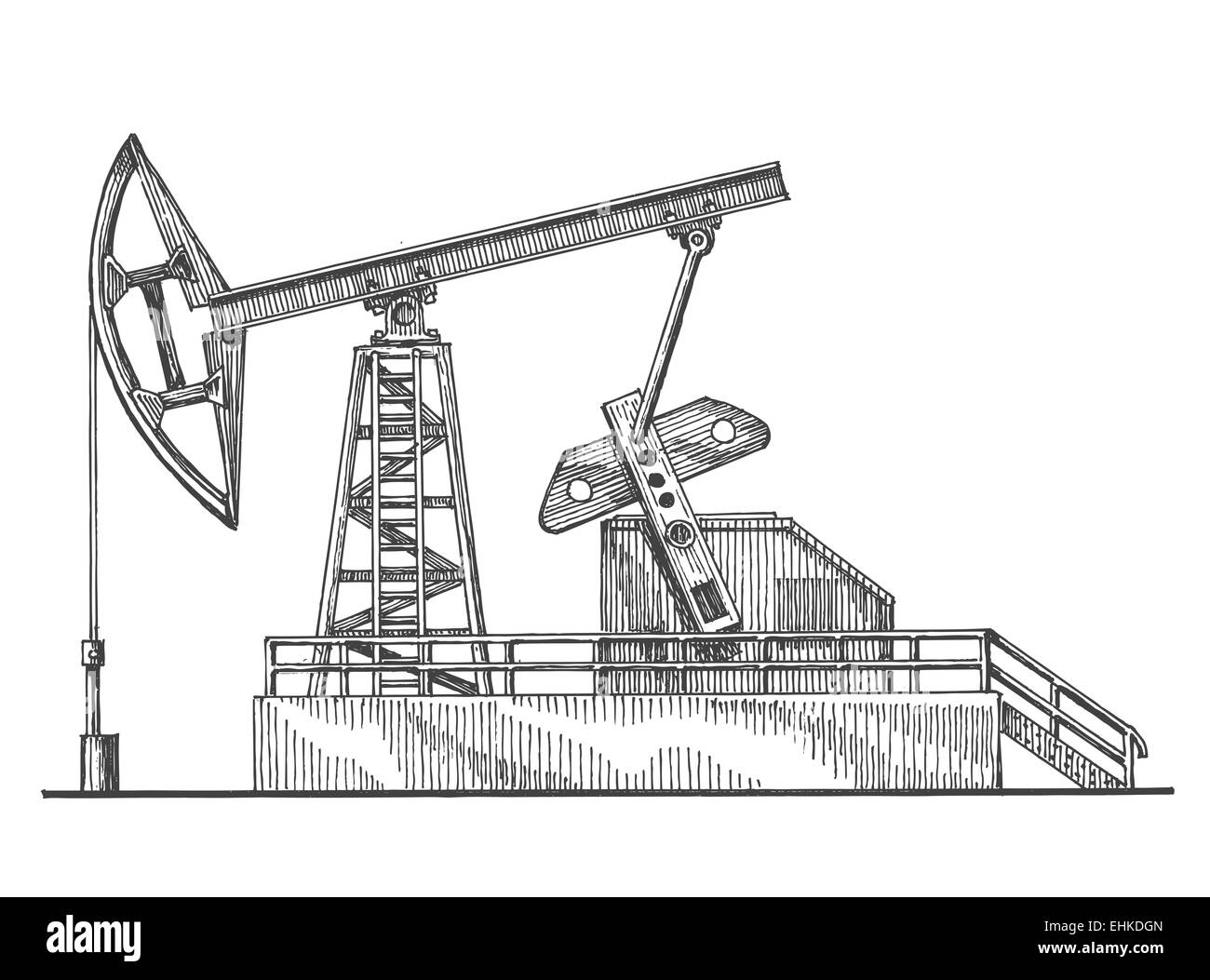 Öl, Schaukeln, Ölpumpe auf weißem Hintergrund. Skizze Stockfoto