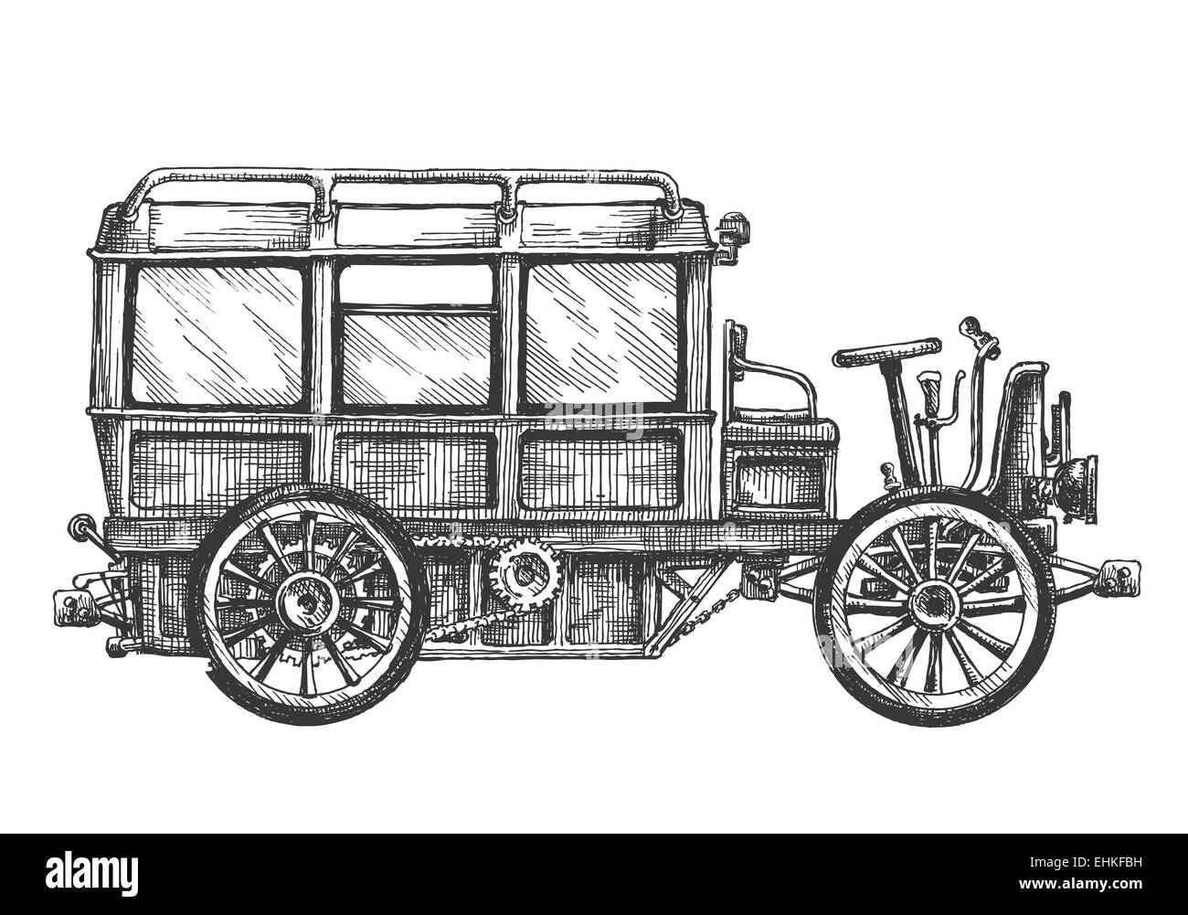 Retro-Bus, Auto, auf einem weißen Hintergrund. Skizze Stockfoto