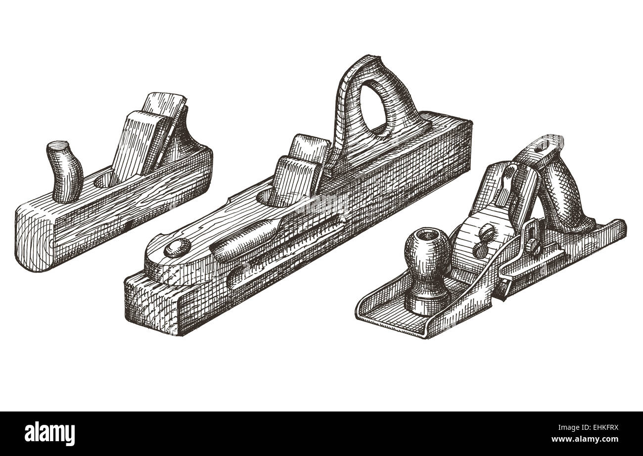 Tischlerei. Retro-Tools auf einem weißen Hintergrund. Skizze Stockfoto