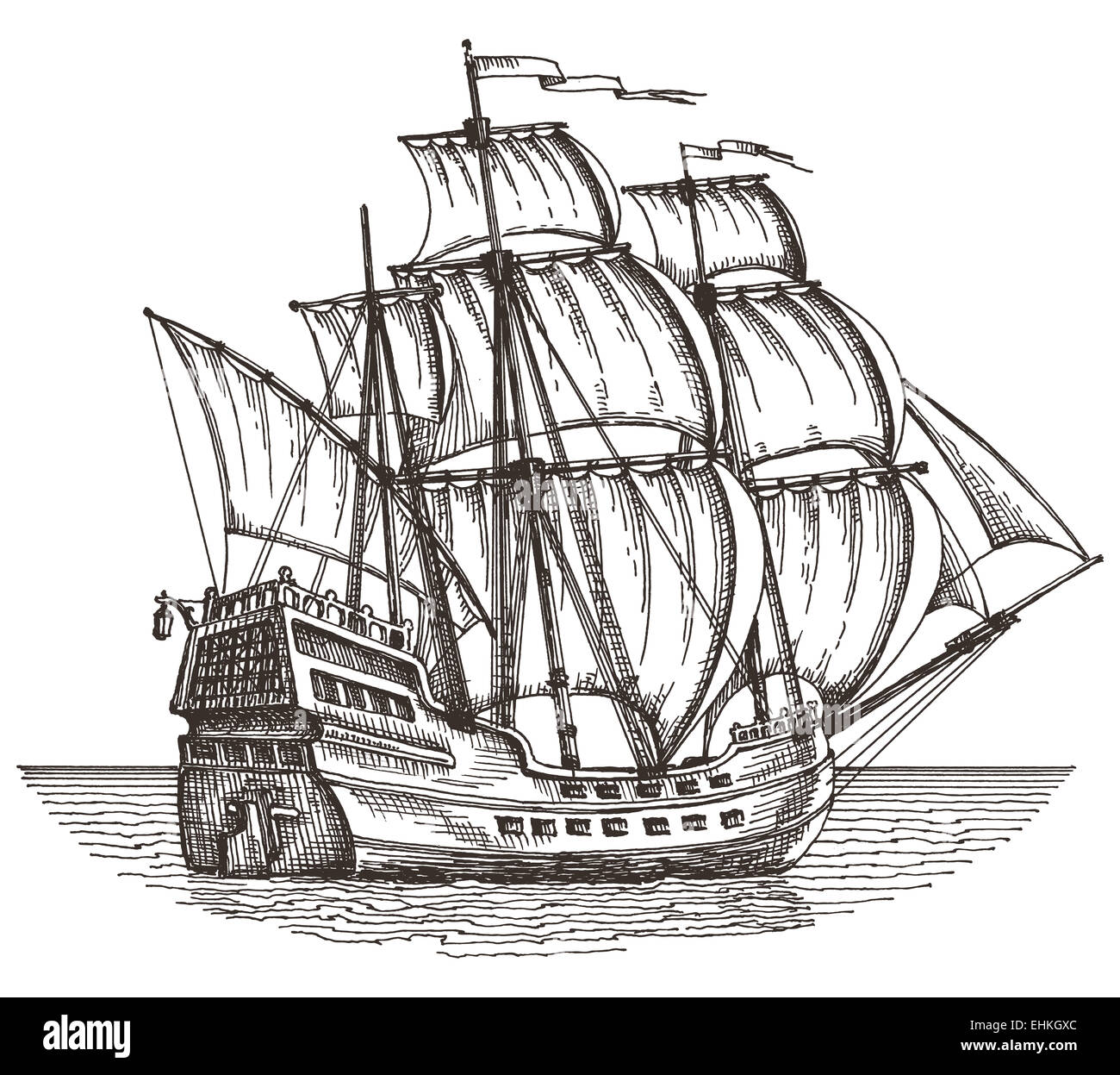 Schiff auf einem weißen Hintergrund. Skizze. Abbildung Stockfoto