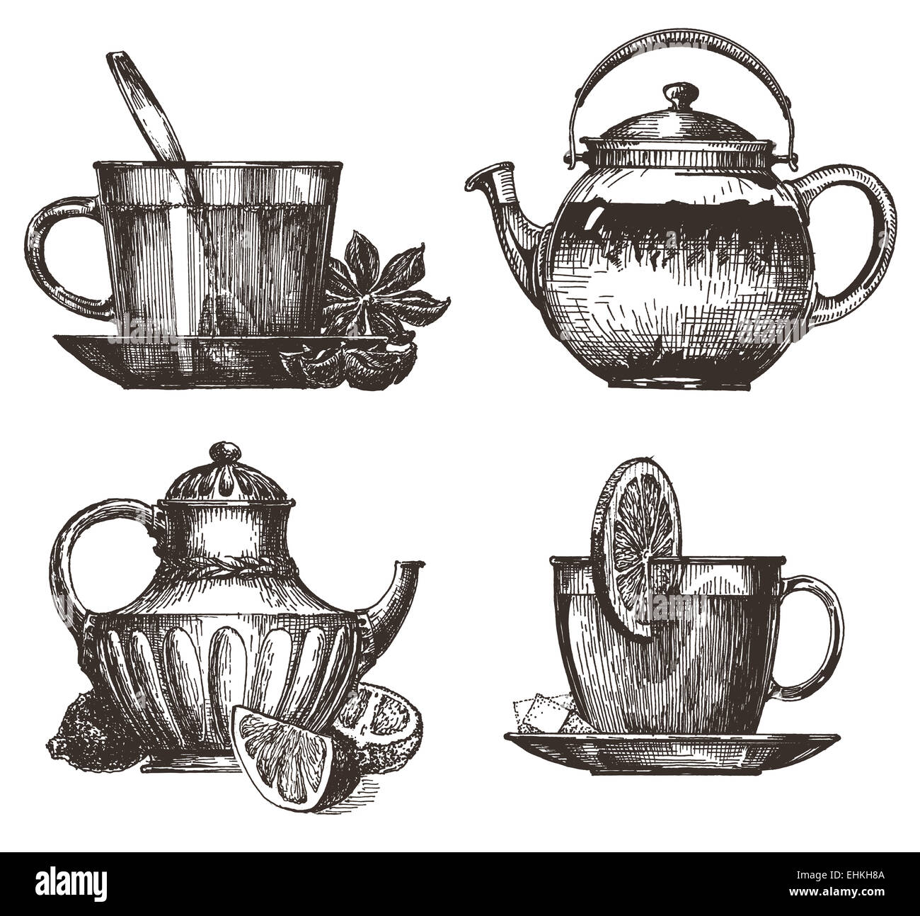 Kaffee und Tee auf einem weißen Hintergrund. Abbildung. Skizze Stockfoto