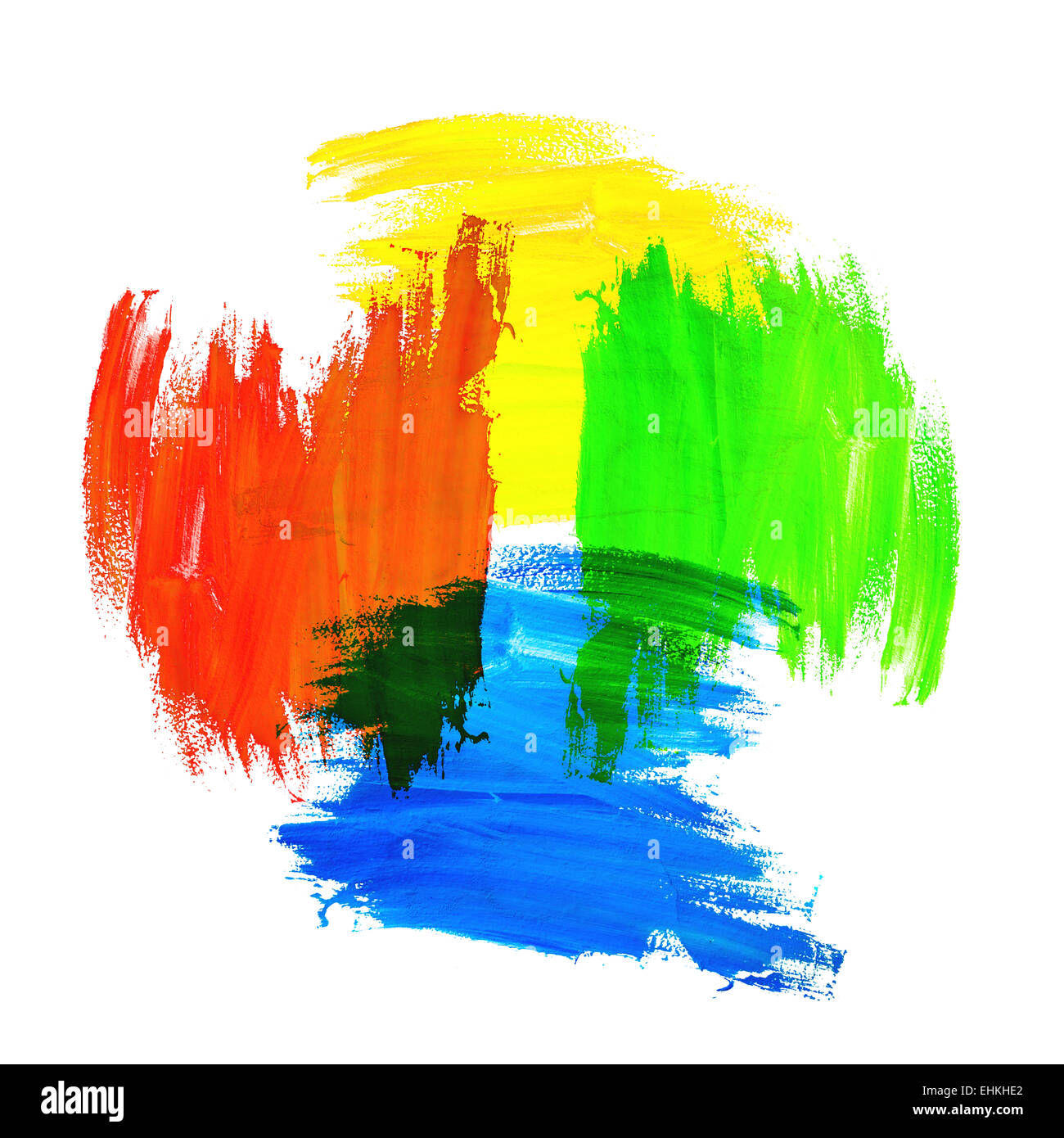 Grunge Pinselstriche auf gelbe, grüne, blaue und rote Farbe auf weiße Wand Stockfoto Grunge Pinselstriche auf gelbe, grüne, blaue und rote Farbe auf weiße Wand Stockfoto