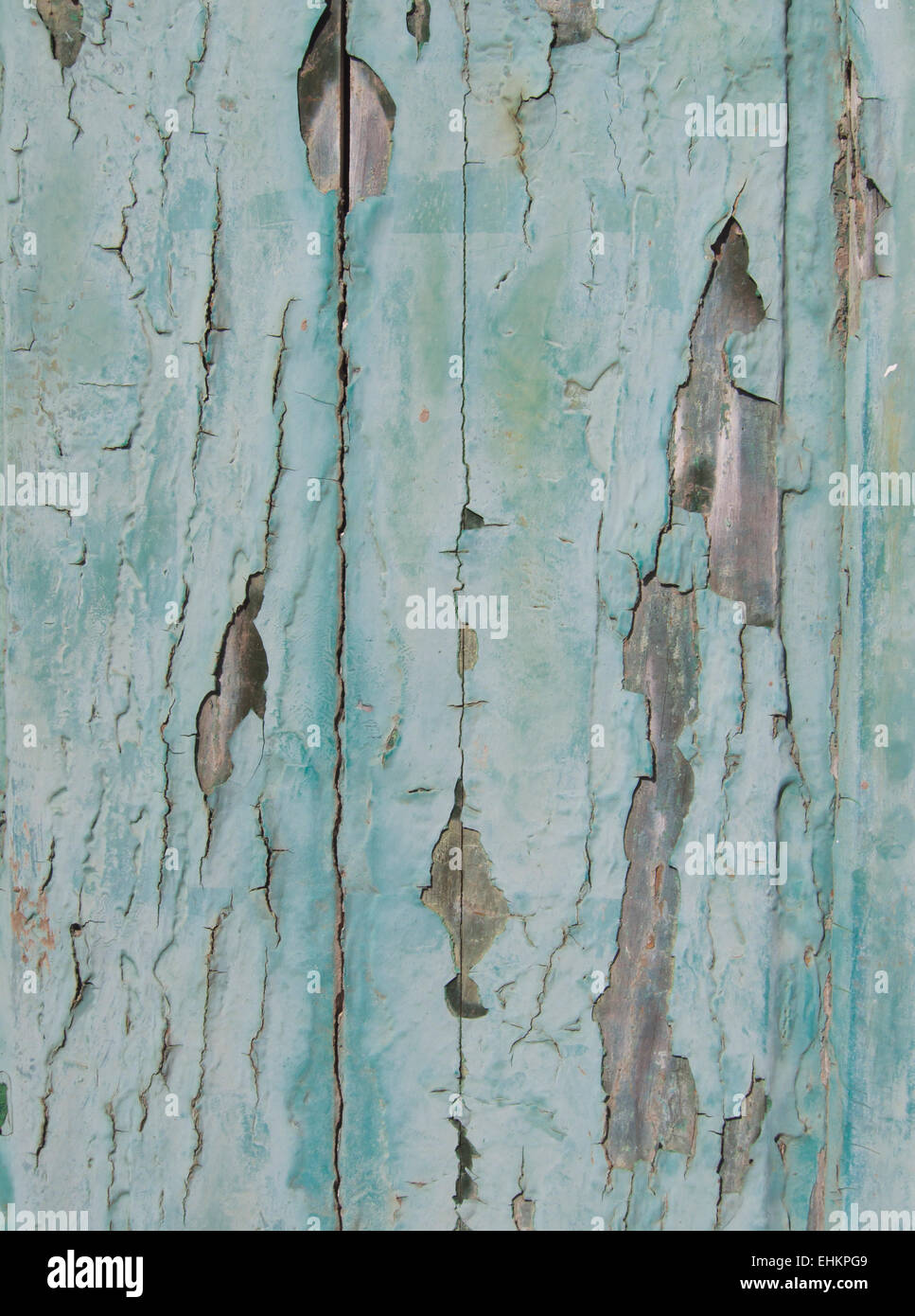 Flockige Farbe auf senkrechte Holzbohlen, Detail einer alten Tür im Aqua Farbe Stockfoto