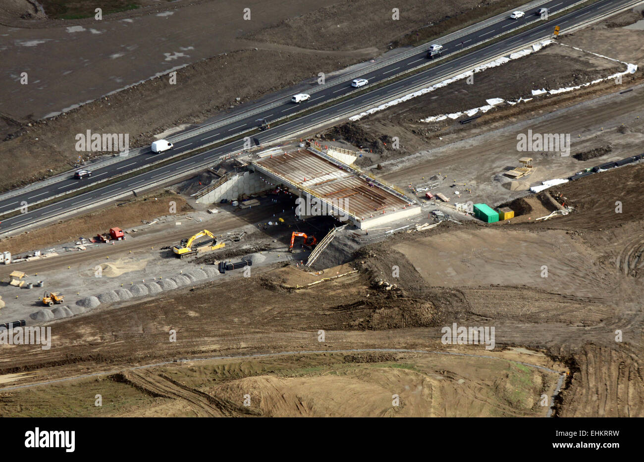 Luftaufnahme der A1 Autobahn Straße Bauarbeiten in Yorkshire, Großbritannien Stockfoto