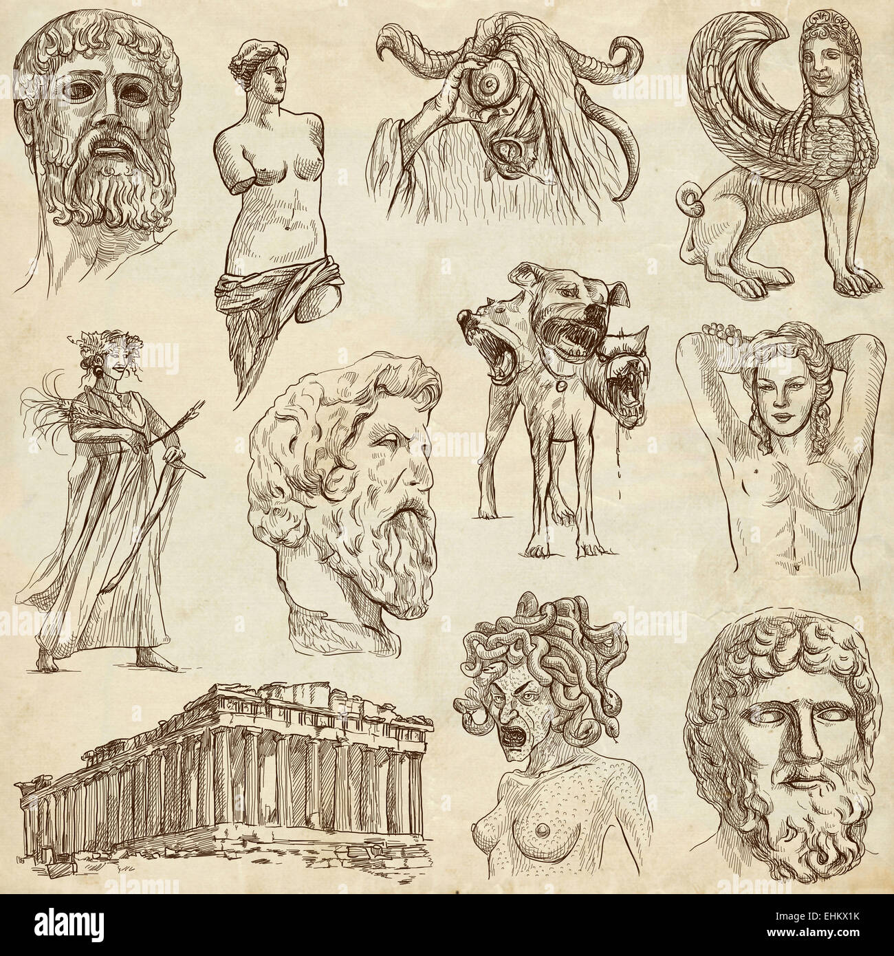 Serie Reisen: Griechenland - Sammlung eine handgezeichnete Illustrationen. Beschreibung: Full Size handgezeichnete Illustrationen, original fr Stockfoto
