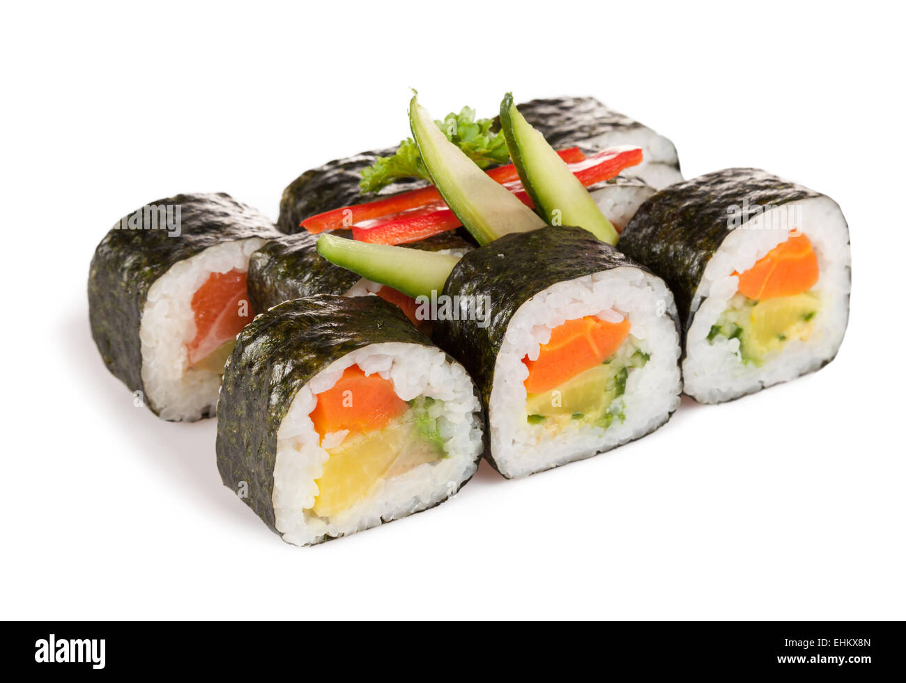 Verschiedene Arten von Sushi Essen serviert auf weißem Hintergrund Stockfoto