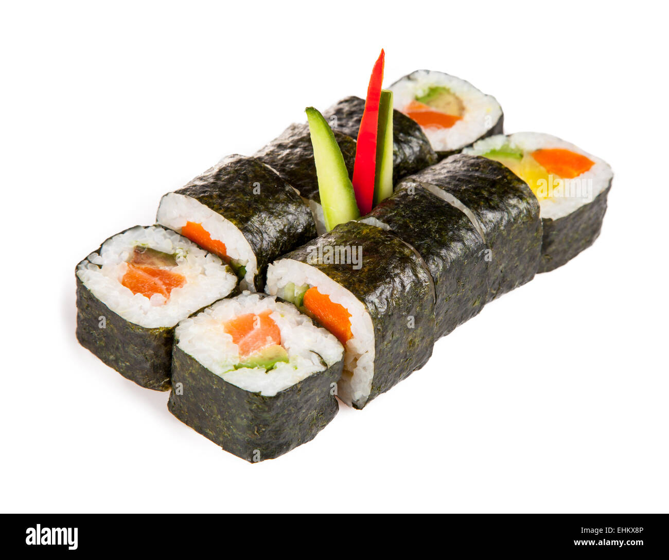 Verschiedene Arten von Sushi Essen serviert auf weißem Hintergrund Stockfoto