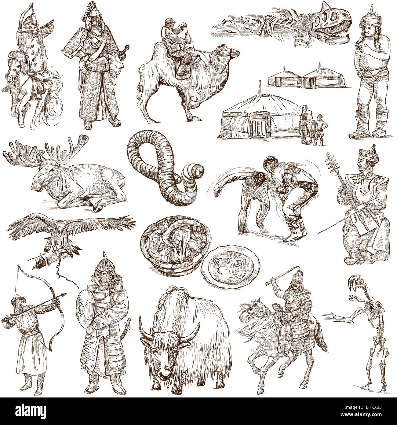 Serie Reisen: Mongolei - Sammlung eine handgezeichnete Illustrationen. Beschreibung: Full Size handgezeichnete Illustrationen, original Stockfoto