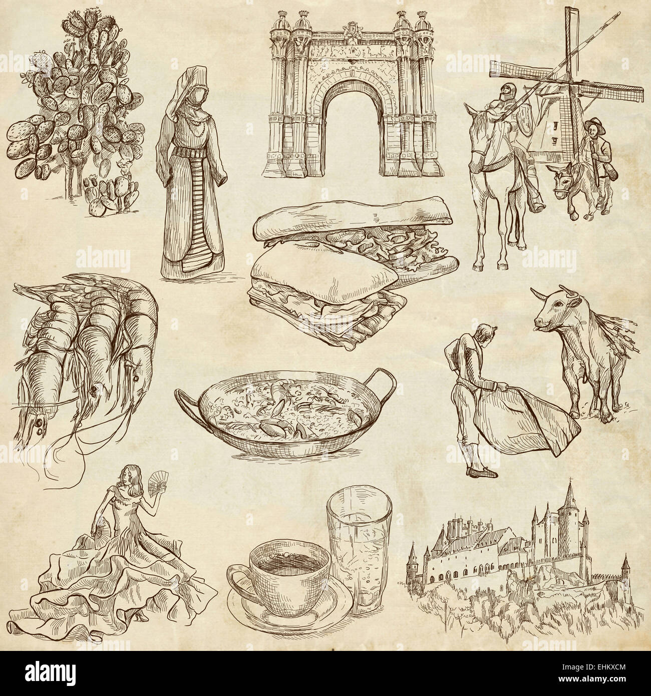 Serie Reisen: Spanien - Sammlung eine handgezeichnete Illustrationen. Beschreibung: Full Size handgezeichnete Illustrationen, original fre Stockfoto