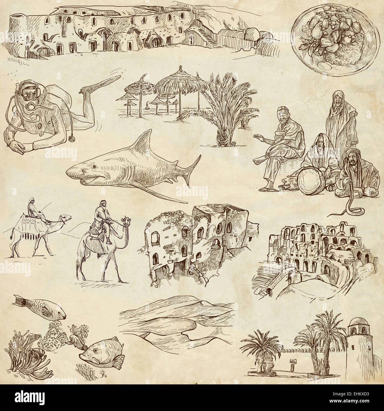 Serie Reisen: Tunesien - Sammlung eine handgezeichnete Illustrationen. Beschreibung: Full Size handgezeichnete Illustrationen, original f Stockfoto