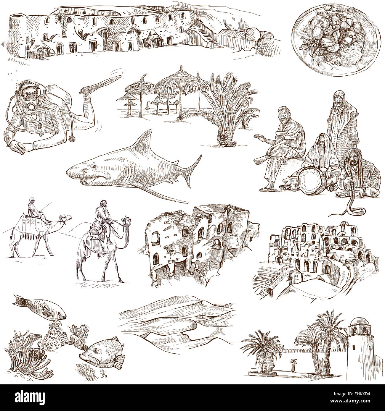 Serie Reisen: Tunesien - Sammlung eine handgezeichnete Illustrationen. Beschreibung: Full Size handgezeichnete Illustrationen, original f Stockfoto