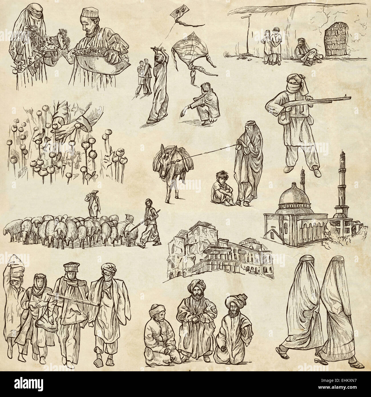 Serie Reisen: AFGHANISTAN - Sammlung (Nr. 2) von einem handgezeichneten Illustrationen. Beschreibung: Full Size handgezeichnete illustratio Stockfoto