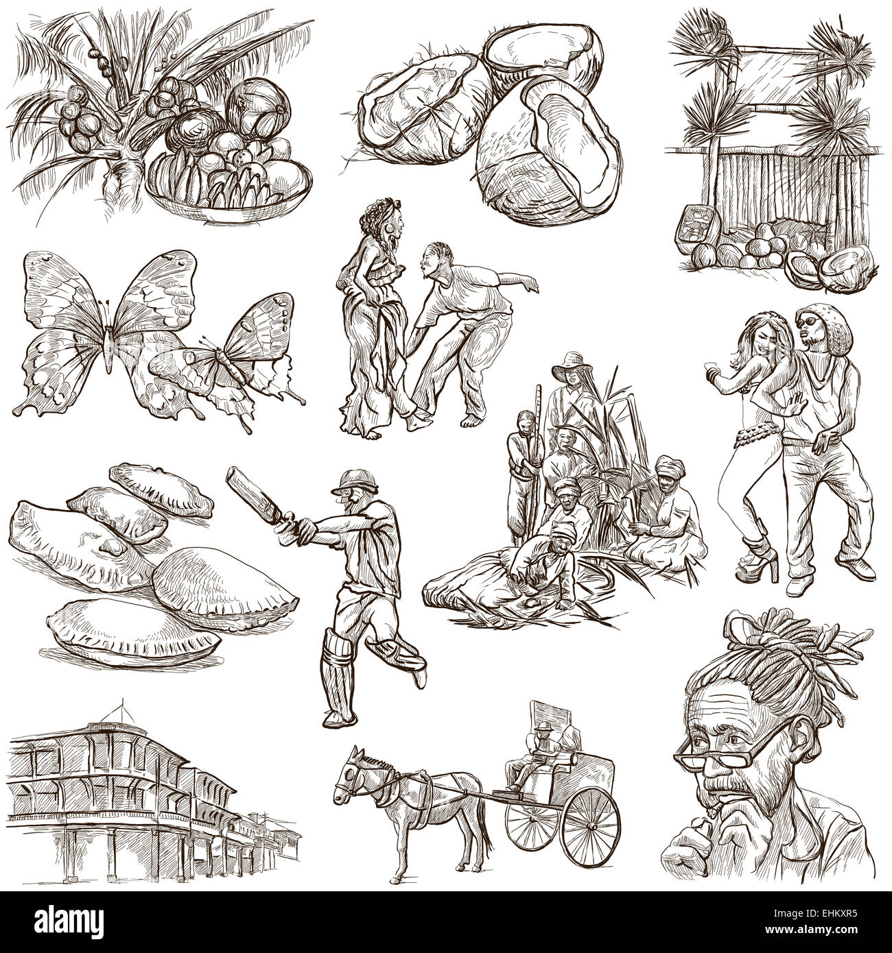 Serie Reisen: Jamaika - Sammlung (Nr. 4) von einem handgezeichneten Illustrationen. Stockfoto
