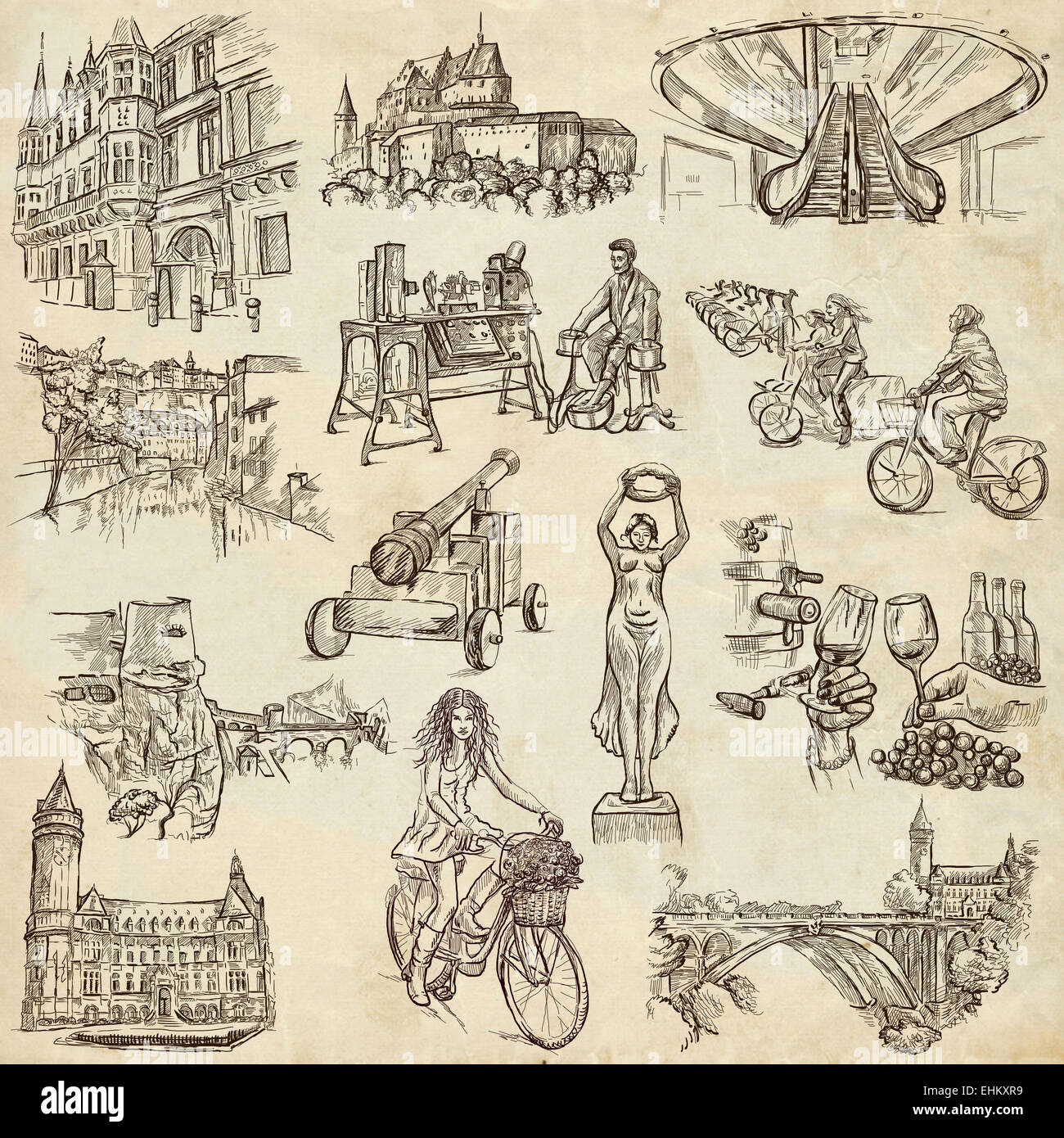 Serie Reisen: Luxemburg (Pack Nr. 1) - Sammlung von einem handgezeichneten Illustrationen. Stockfoto