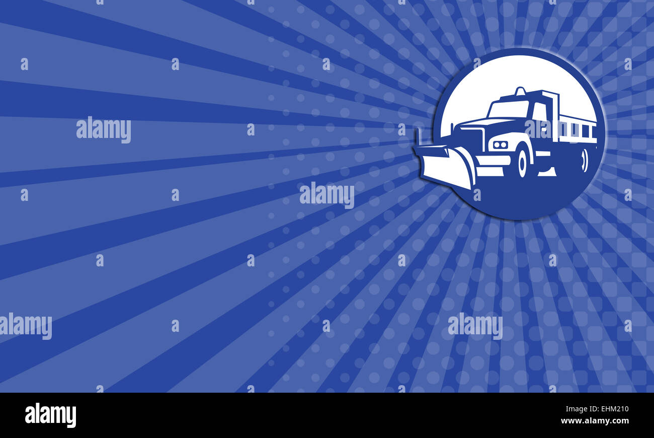 Visitenkarte zeigt Abbildung des Schnees Pflug LKW auf isolierte Hintergrund getan im retro-Stil in Kreis gesetzt. Stockfoto