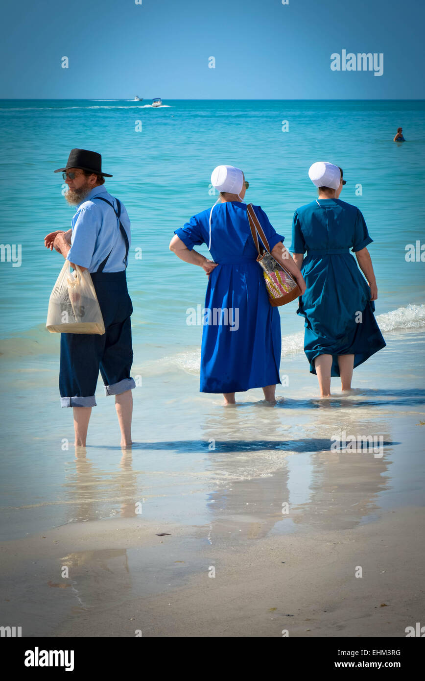 Drei amischen Leute, gekleidet in ihrer traditionellen Weise Paddel in der seichten Brandung am Siesta Key Beach in Sarasota, FL Stockfoto Drei amischen Leute, gekleidet in ihrer traditionellen Weise Paddel in der seichten Brandung am Siesta Key Beach in Sarasota, FL Stockfoto