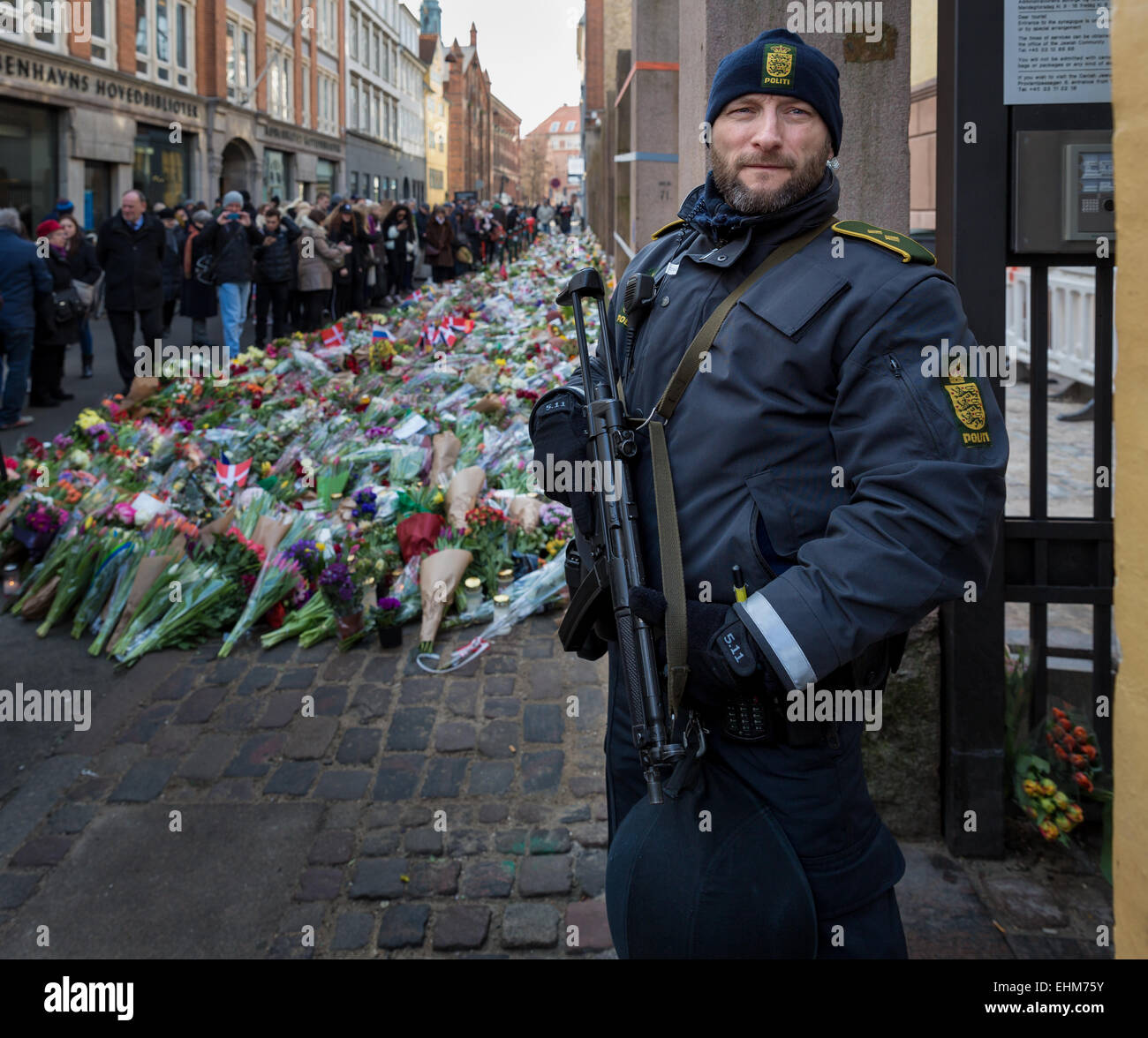 Porträt eines Polizisten, der die jüdische Synagoge in Kopenhagen nach dem Terroranschlag im Februar 2015 bewacht, Kopenhagen, Dänemark Stockfoto