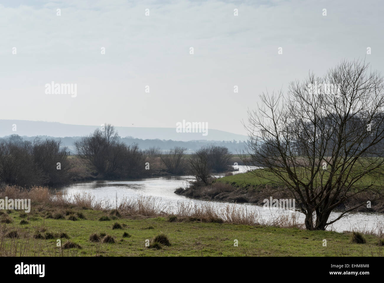Ein Blick auf den South Downs aus dem römischen Pfad / Damm entlang Seite der Fluss Arun nahe Pulborough Stockfoto
