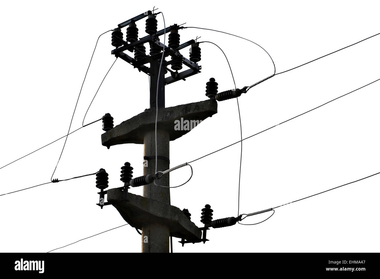 Industrielle erschossen mit einer konkreten Strom Pole isoliert auf weißem Hintergrund Stockfoto