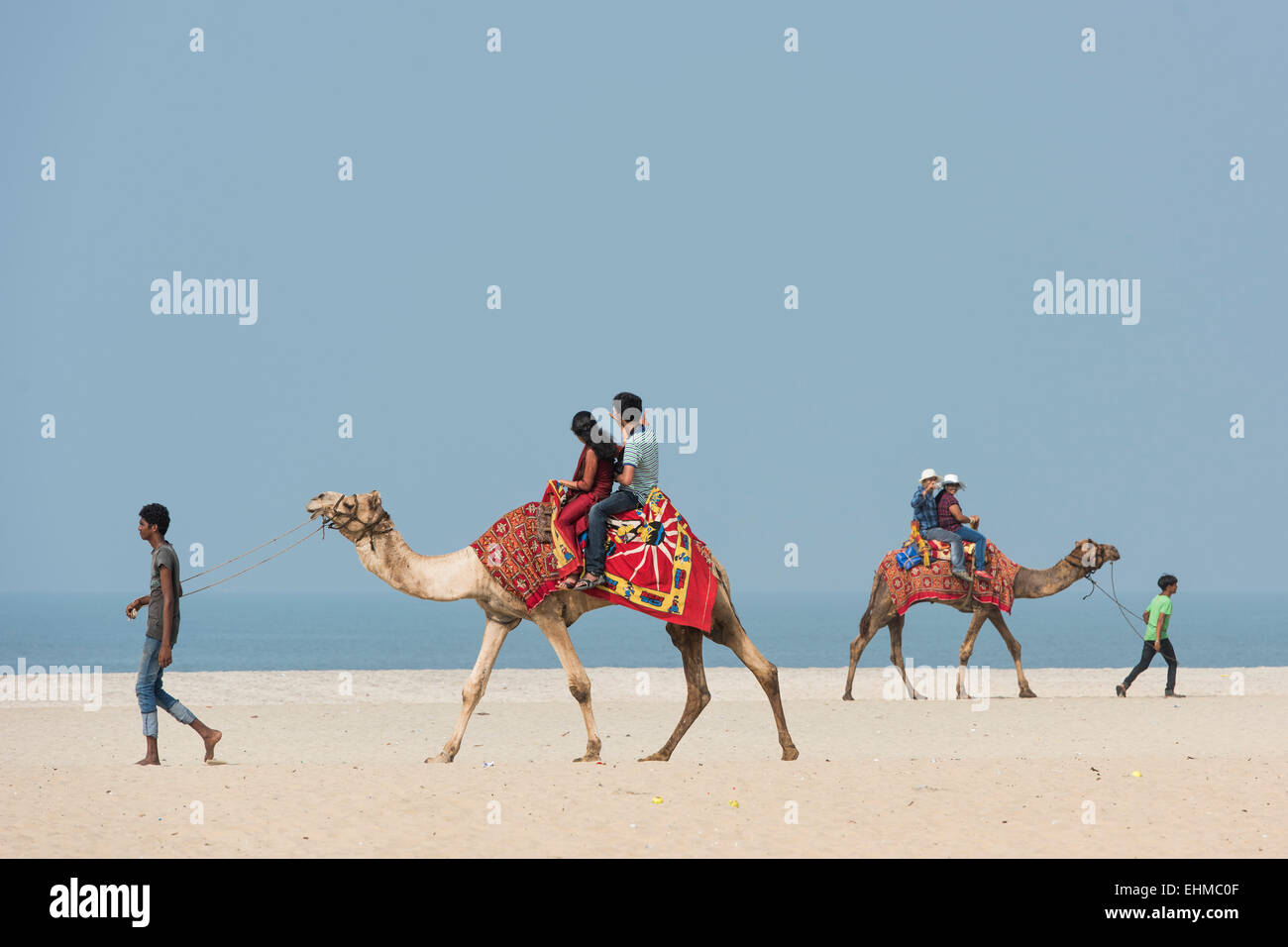 Indische Touristen, Kamelreiten, Strand, Alappuzha, Kerala, Indien Stockfoto