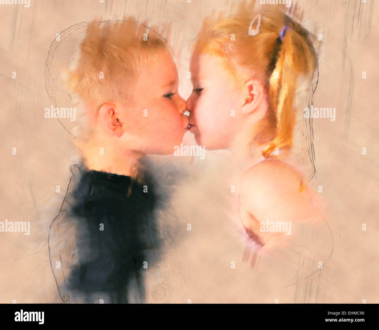 Jungen und Mädchen küssen in Kunstform Stockfoto