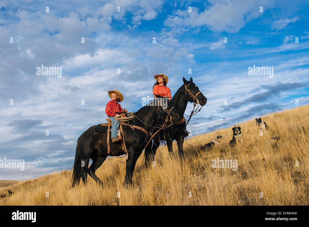 Kaukasische Mutter und Sohn auf dem Pferderücken auf grasbewachsenen Hügel Stockfoto