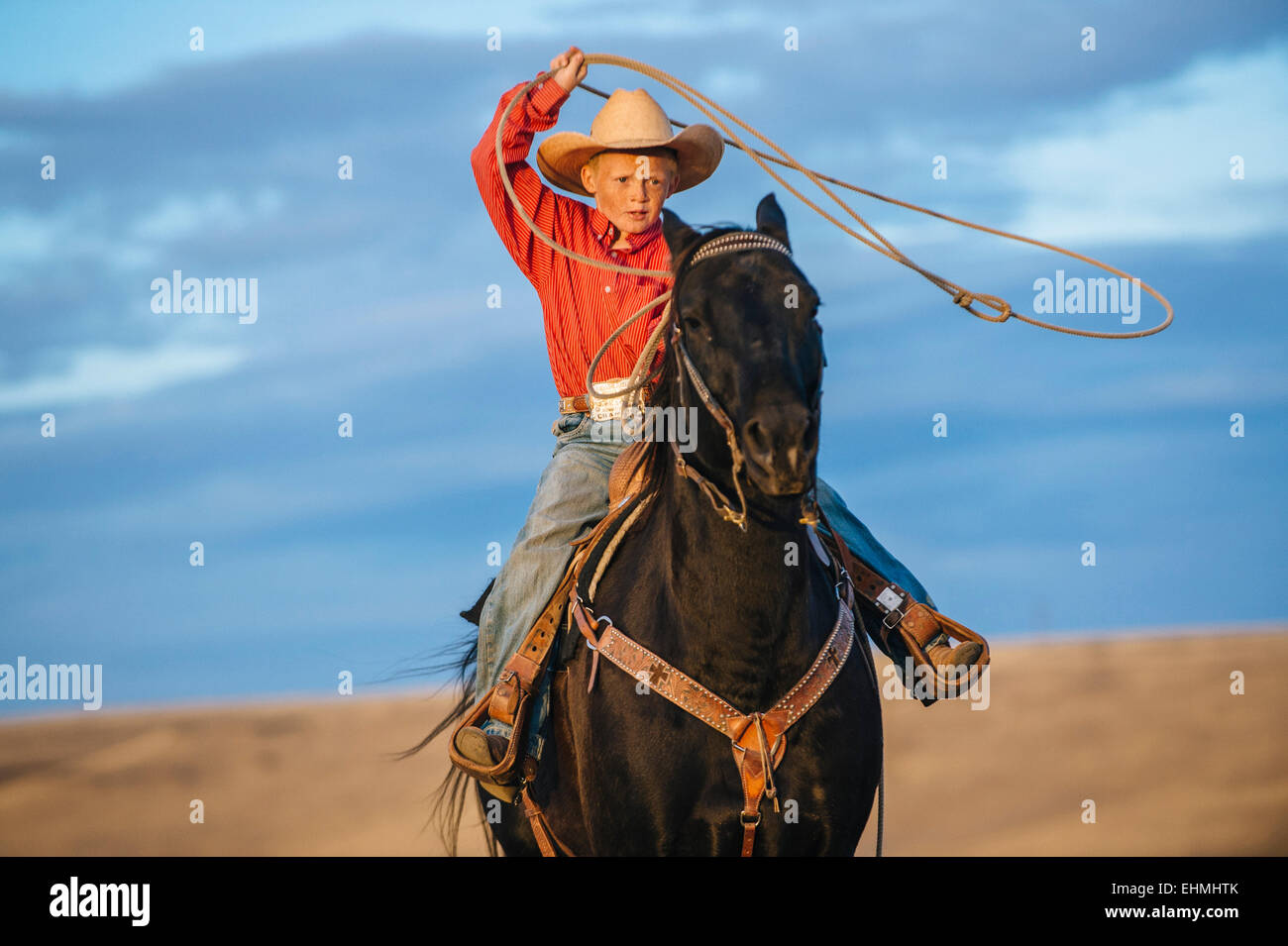 Kaukasische junge auf Pferd Lasso werfen Stockfoto