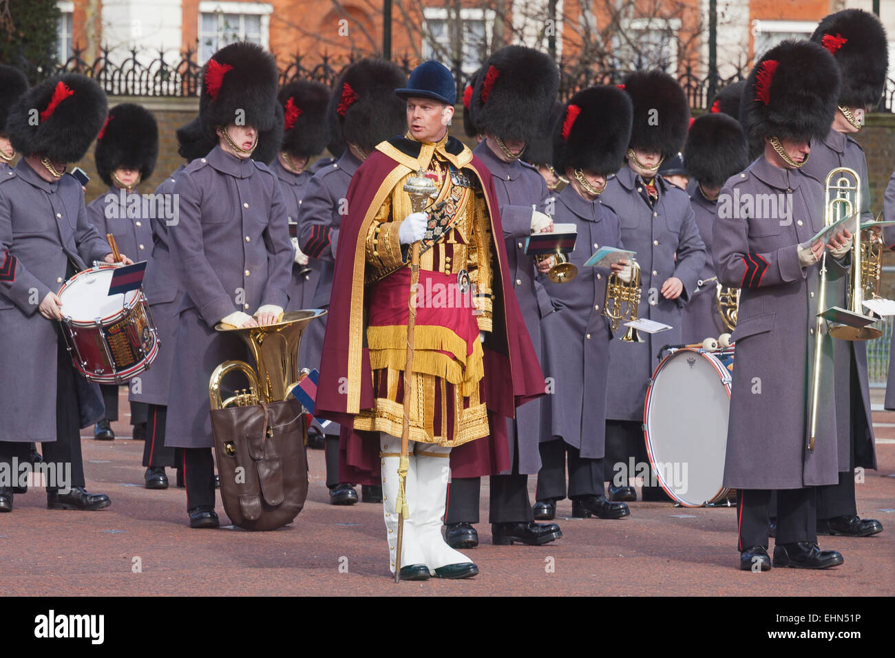 London, The Mall A Brigade of Guards Band in eine Ruhepause während der mexikanischen Staatsbesuch im März 2015 Stockfoto