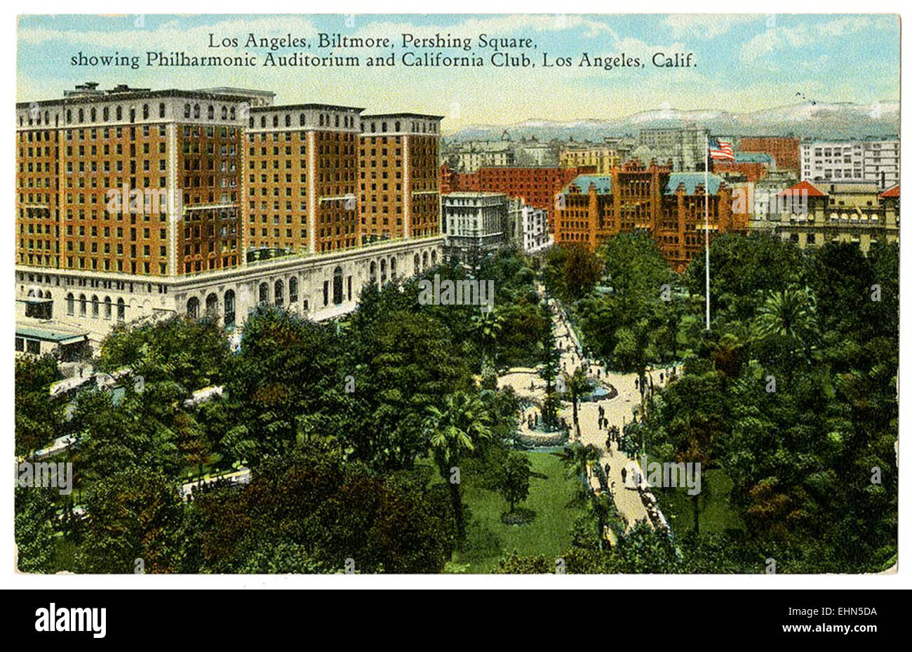Los Angeles, Biltmore, Pershing Square, zeigt Philharmonic Auditorium und California Club, Los Angeles, Kalifornien Stockfoto