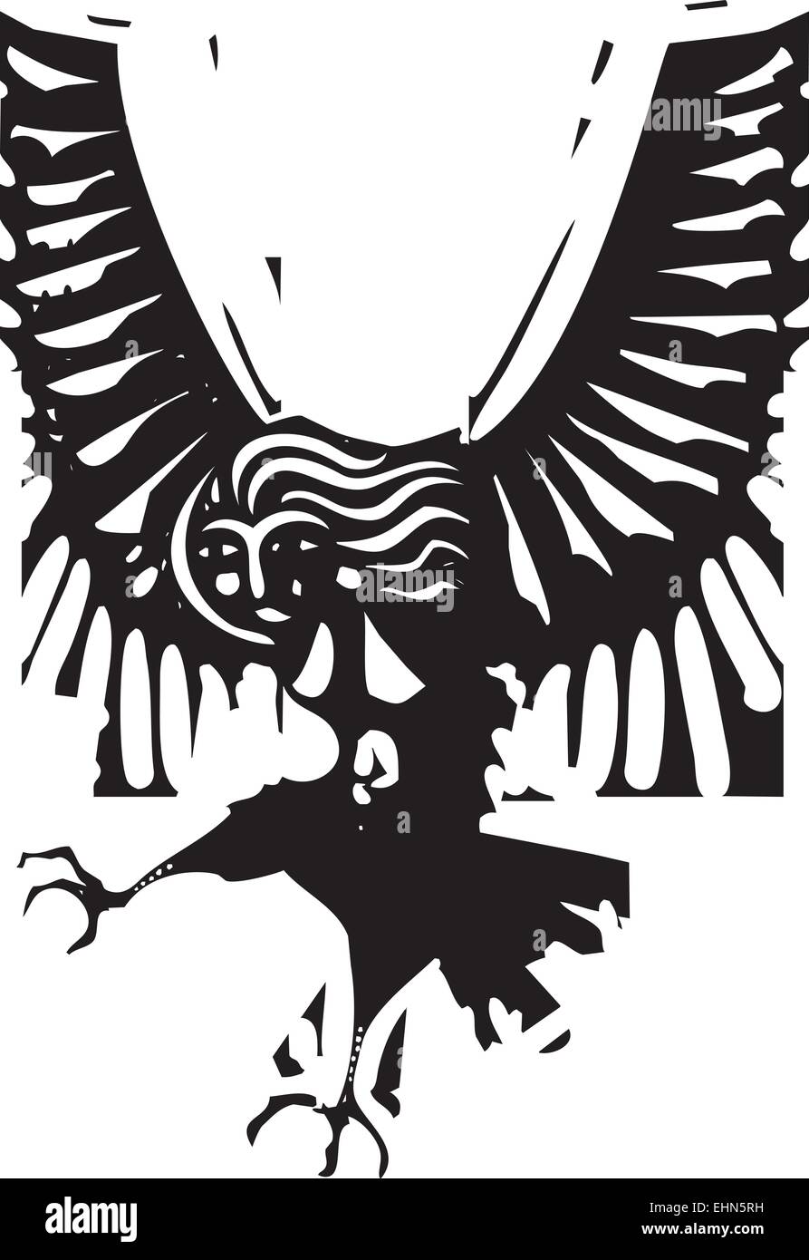 Holzschnitt-Stil Bild der griechischen mythologischen Harpyie Frau mit Flügeln Stock Vektor