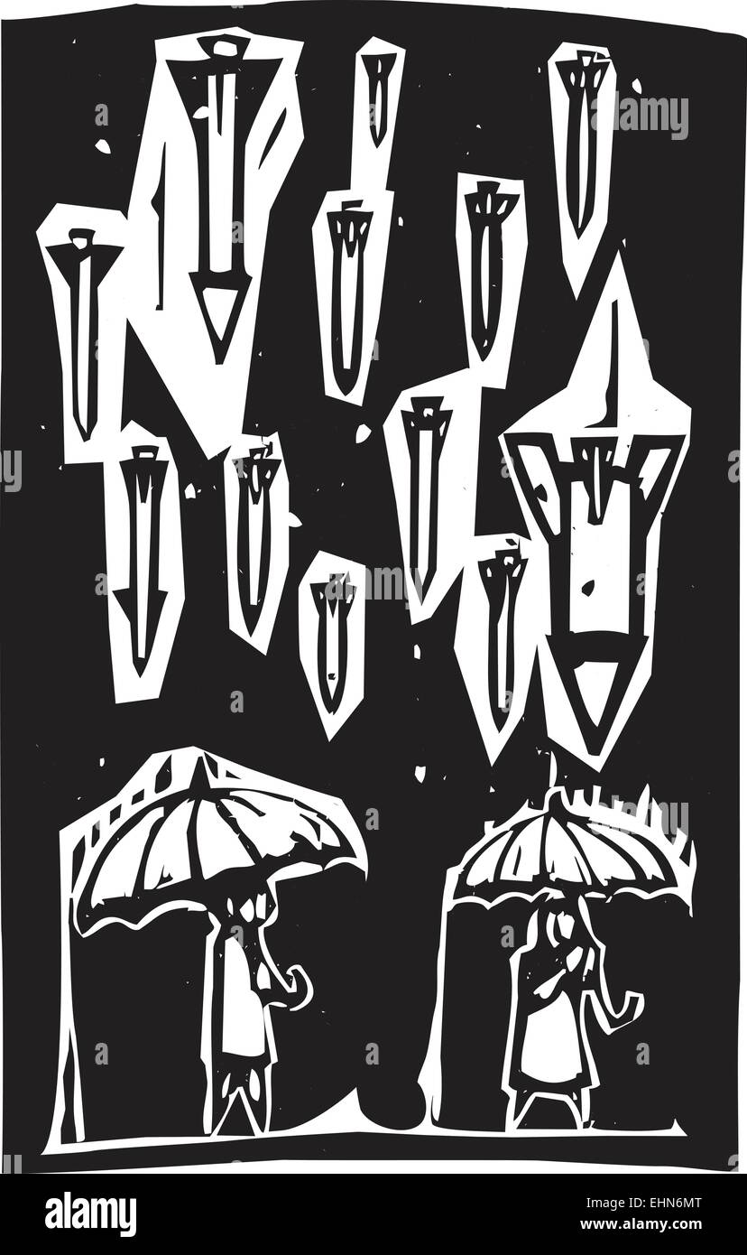 Holzschnitt-Stil Bild von Raketen regnen aus einem Gewitterhimmel über Menschen mit Regenschirmen Stock Vektor