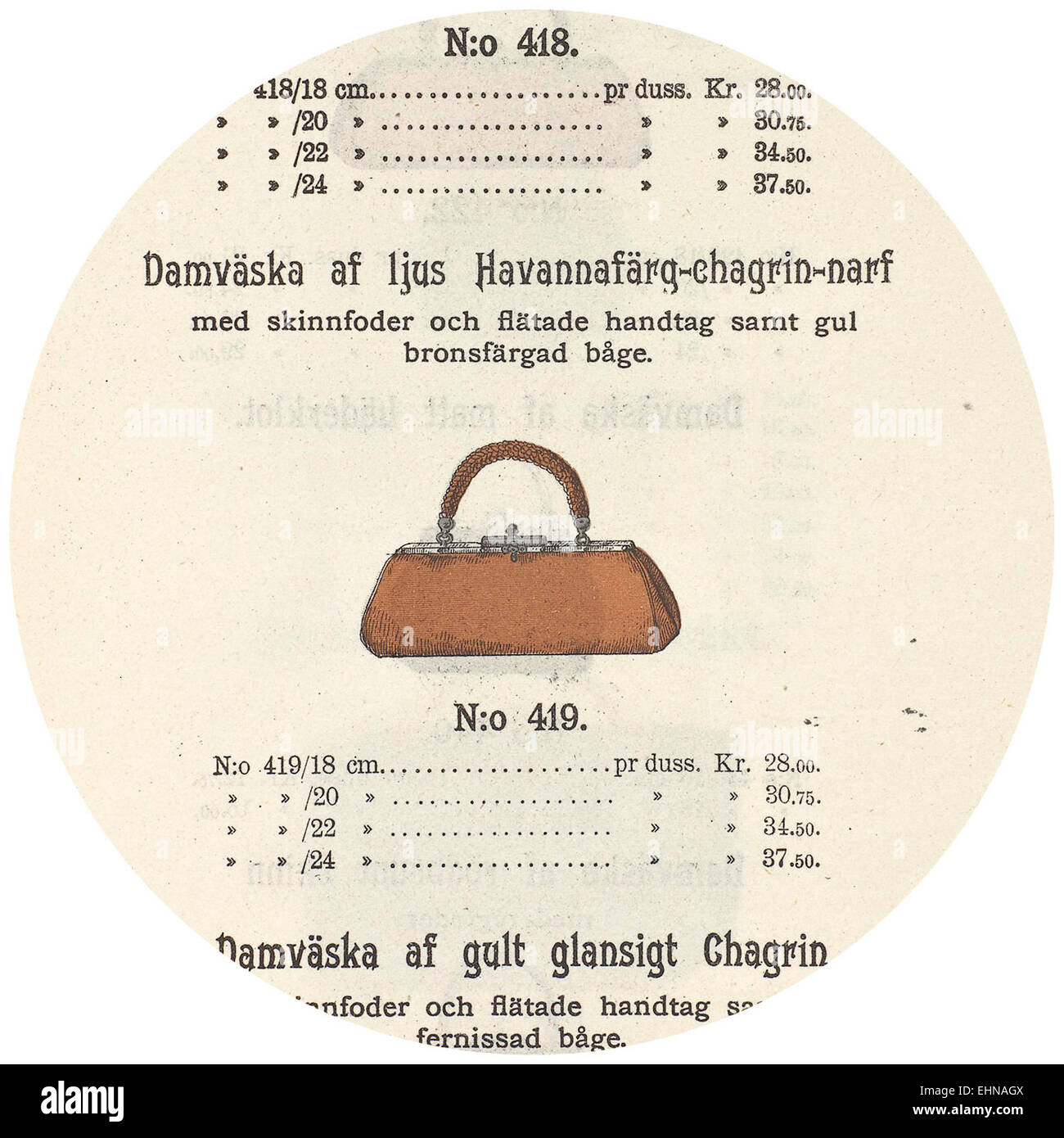 Dieses historische Stück zeigt Gegenstände aus dem Priskuranter aff, darunter verschiedene Reiseaccessoires und Schuhe aus Schweden des 19. Jahrhunderts. Die Sammlung, die heute in der Nationalbibliothek von Schweden aufbewahrt wird, bietet Einblicke in Reisekultur, Tourismus und Handwerk aus dieser Zeit. Stockfoto