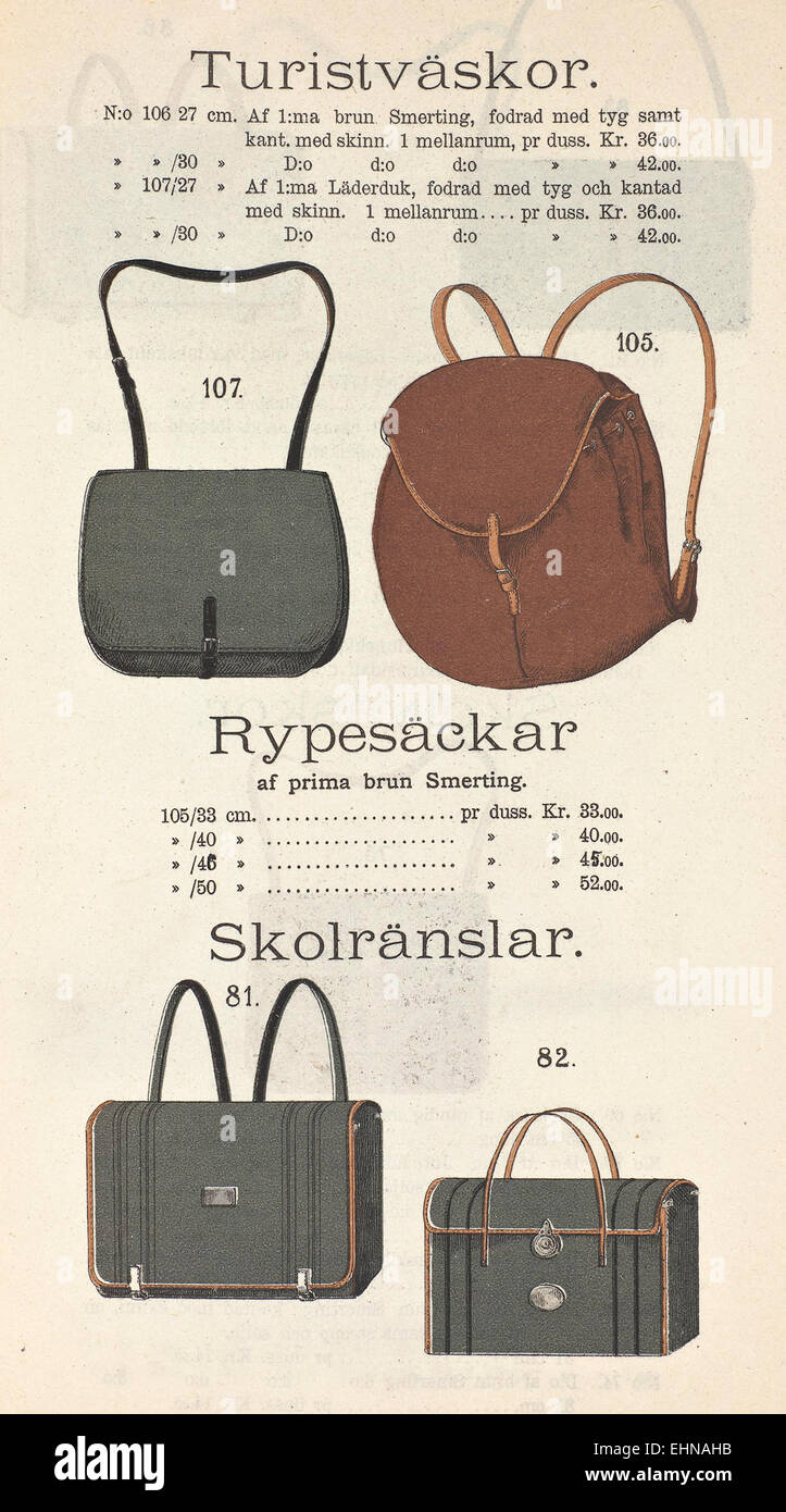 Dieser Text bezieht sich auf schwedische historische Artefakte aus der schwedischen Nationalbibliothek und enthält Beschreibungen von Vintage-Reisewaren wie Schuhe, Hüte, Taschen und Shorts. Diese Gegenstände spiegeln die schwedische Handwerkskunst und Reisekultur des frühen 20. Jahrhunderts wider. Stockfoto