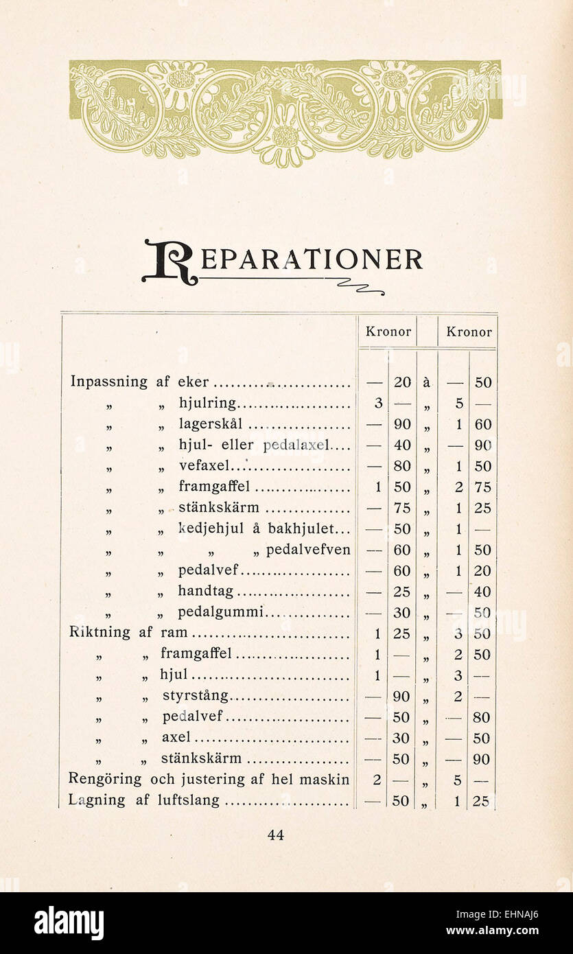 Eine Vintage 1899-Werbung und ein Handbuch für Husqvarna Velocipedes (Fahrräder), in dem die Designs von Fahrrädern aus dem frühen 20. Jahrhundert vorgestellt werden und deren Funktionalität und Innovation in der damaligen Fahrradindustrie gefördert werden. Stockfoto