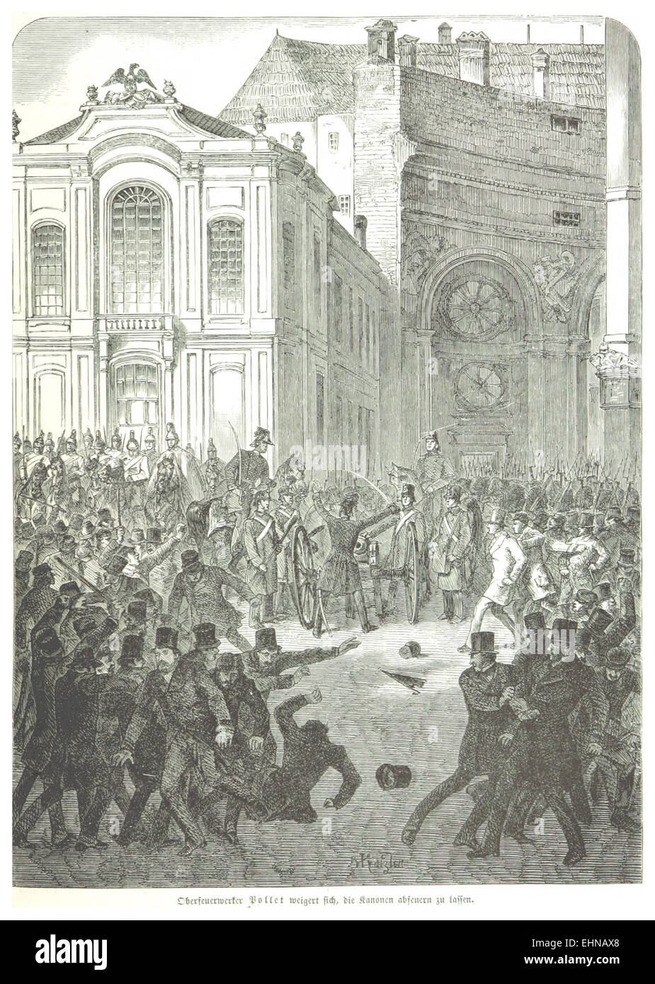 Diese Abbildung aus dem Jahr 1872 zeigt einen Vorfall, bei dem Oberfeuerwerker Pollet den Befehl ablehnt, Kanonen abzufeuern. Die Szene fängt einen Moment des militärischen Widerstands im Kontext des Krieges des 19. Jahrhunderts ein. Stockfoto