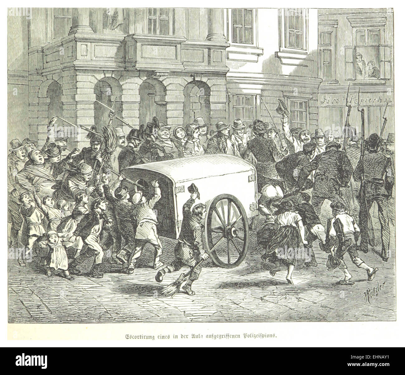 Diese Illustration aus dem Jahr 1872 zeigt den Transport eines Polizisten, der entlarvt wurde. Sie spiegelt einen Moment sozialer oder politischer Unruhen wider und hebt die Rolle von Spionen in historischen Konflikten hervor. Stockfoto