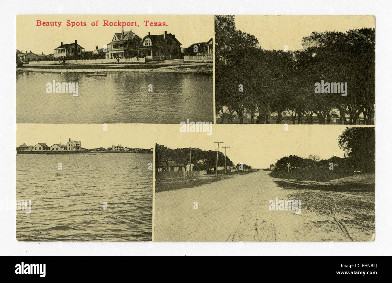 Diese Vintage-Postkarte zeigt vier Bilder von Rockport, Texas, die seine landschaftliche Schönheit hervorheben. Die Fotos machen die malerische Aussicht und den Charme der Küstenstadt entlang der texanischen Golfküste aus. Stockfoto