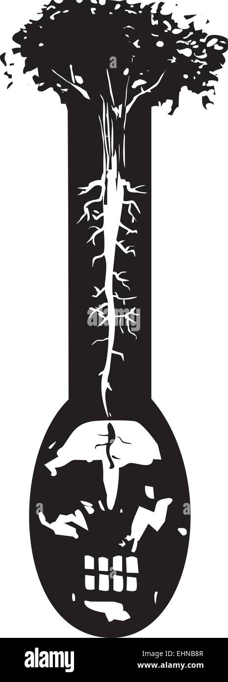 Holzschnitt-Stil Bild eines Baumes mit Wurzeln wie Nervenenden wachsen aus einem mans Kopf. Stock Vektor
