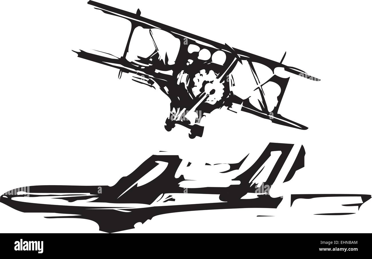 Grobe Holzschnitt Stil Bilder von einem Wasserstrahl und ein Doppeldecker-Flugzeug. Stock Vektor
