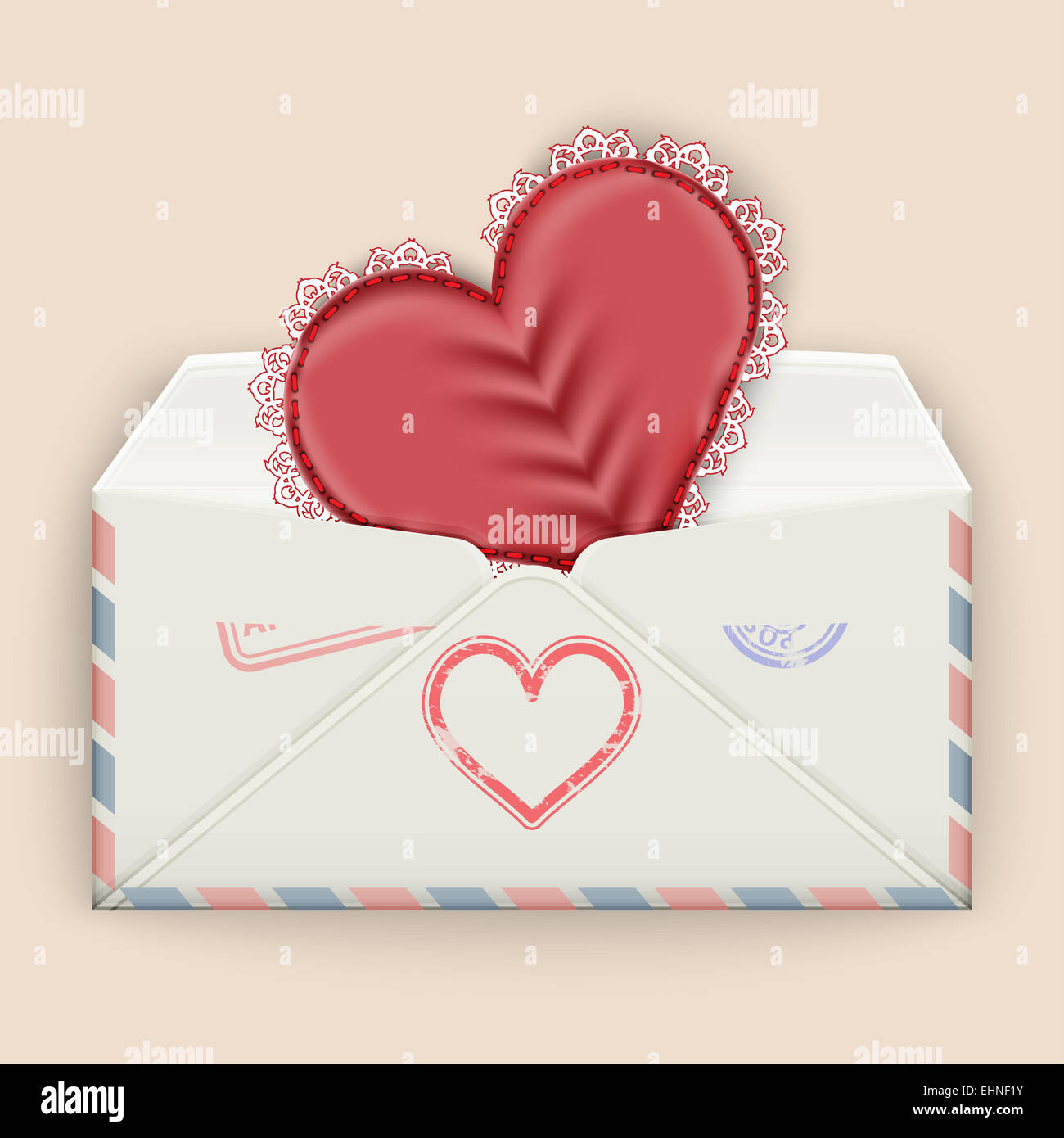 Valentine Hintergrund. Realistische Umschlag mit angehängten Spitzen Herz. Stockfoto