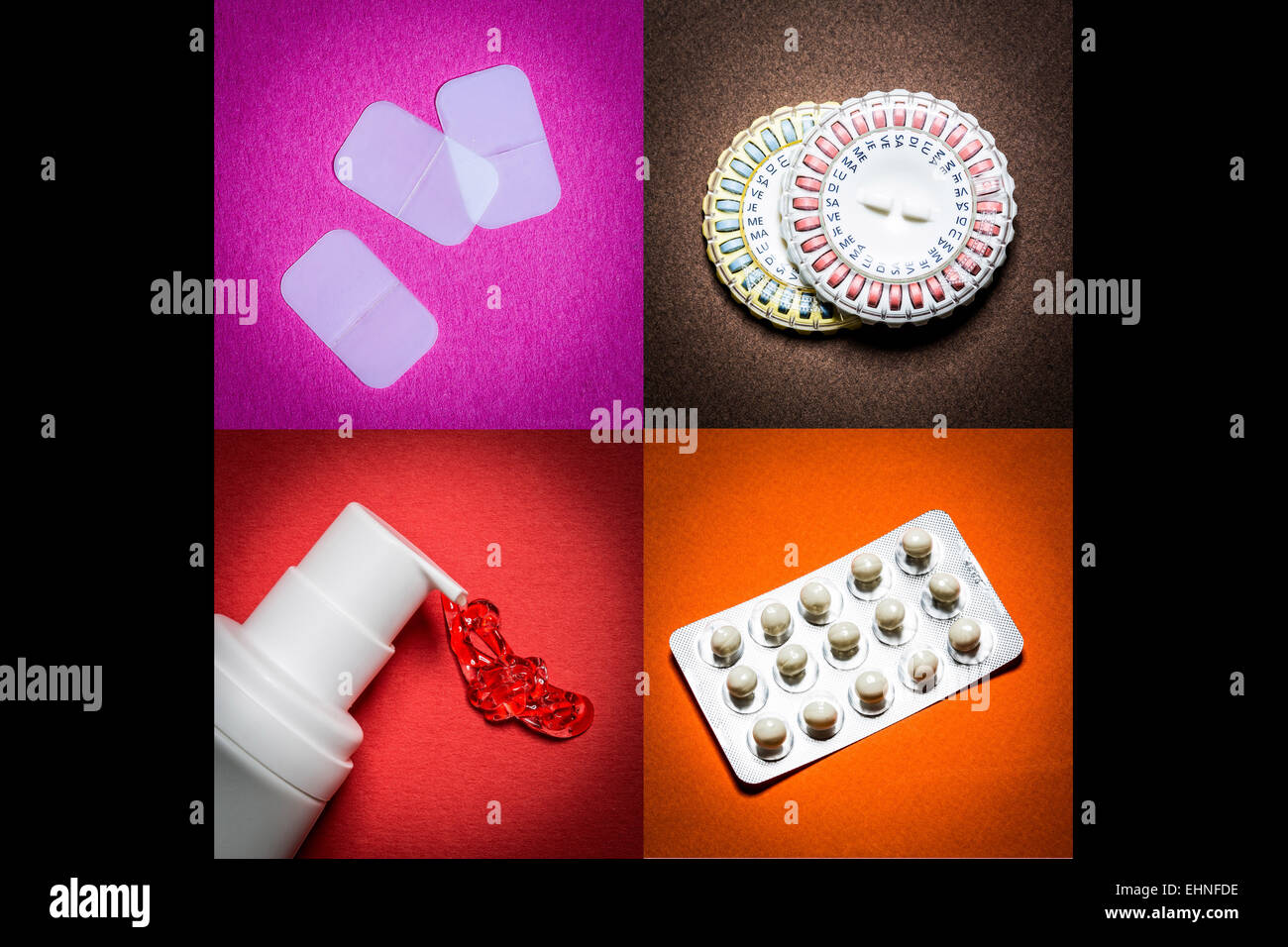 Verschiedene Formen der Hormon-Ersatz-Therapien (HRT): Gel, Pflaster und Pillen. Stockfoto