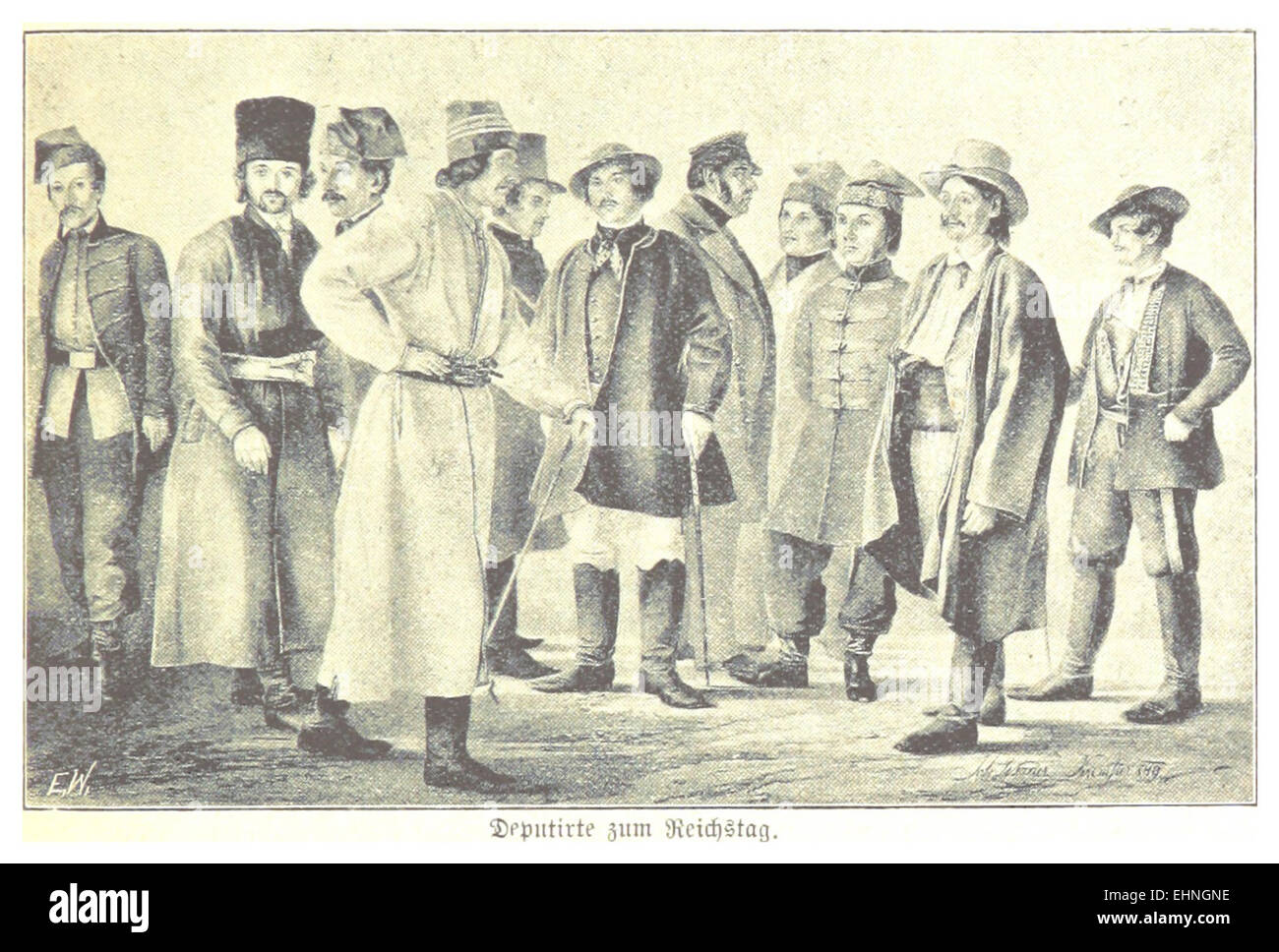 Diese 1898 entstandene Illustration aus Bachs Werk zeigt Reichstagsabgeordnete in einem formalen Rahmen. Die Illustration fängt die politische Atmosphäre der Zeit des späten 19. Jahrhunderts ein. Stockfoto