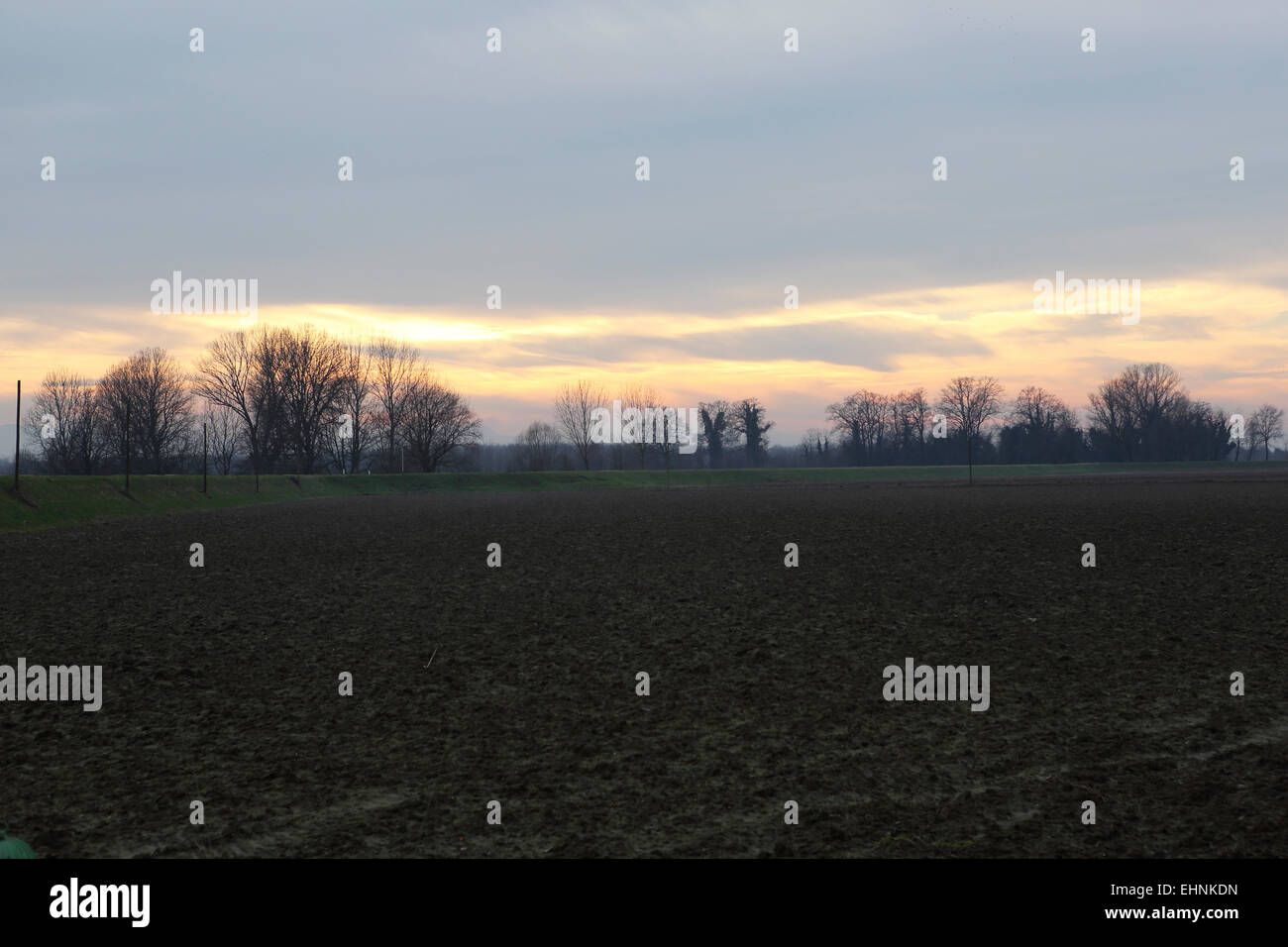 Eine wässrige Winterhimmel über Felder am Stadtrand von Cremona, Italien. Der Po-Ebene ist eine der wichtigsten landwirtschaftlichen Gebiete Italiens. Stockfoto