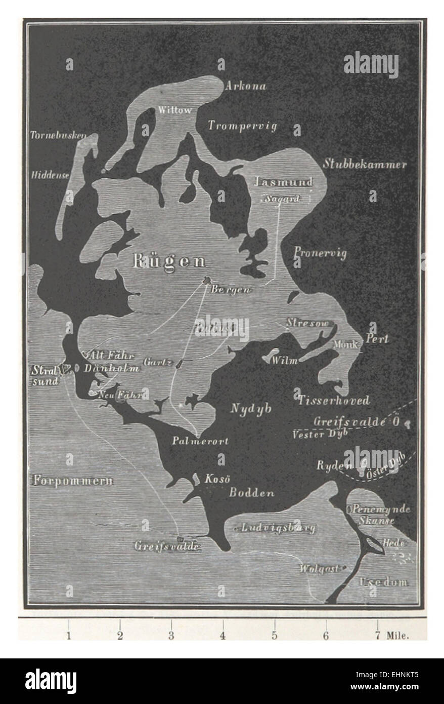 Eine Illustration von Vaupell aus dem Jahr 1870, die die Insel Rügen während der Belagerung von Stralsund 1715 darstellt. Das Kunstwerk bietet einen historischen Blick auf die Landschaft und die militärische Bedeutung der Insel während der Belagerung. Stockfoto