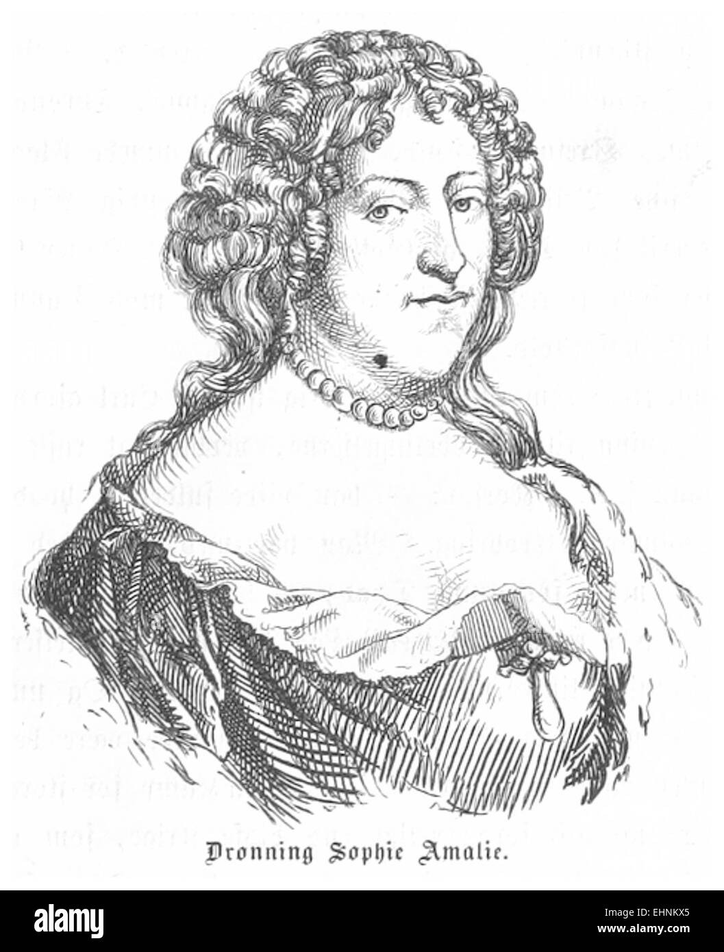 Diese Illustration von J.H. aus dem Jahr 1856 stellt Sophie Amalie, eine dänische Königin, in würdevoller Pose dar. Die Zeichnung unterstreicht ihren königlichen Status und ihre Bedeutung in der dänischen Geschichte im 17. Jahrhundert. Stockfoto