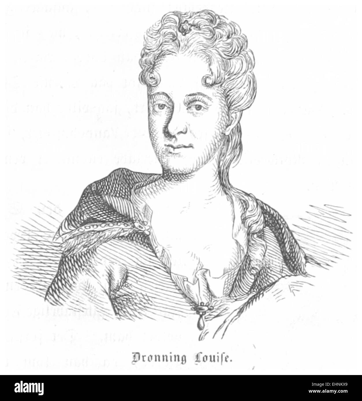 Eine Illustration aus J.H.s Werk aus dem Jahr 1856, die Louise, eine Figur in der dänischen Geschichte, möglicherweise eine Königin oder eine prominente königliche Figur dieser Zeit darstellt. Das Bild zeigt den historischen Kontext der dänischen Monarchie im 19. Jahrhundert. Stockfoto