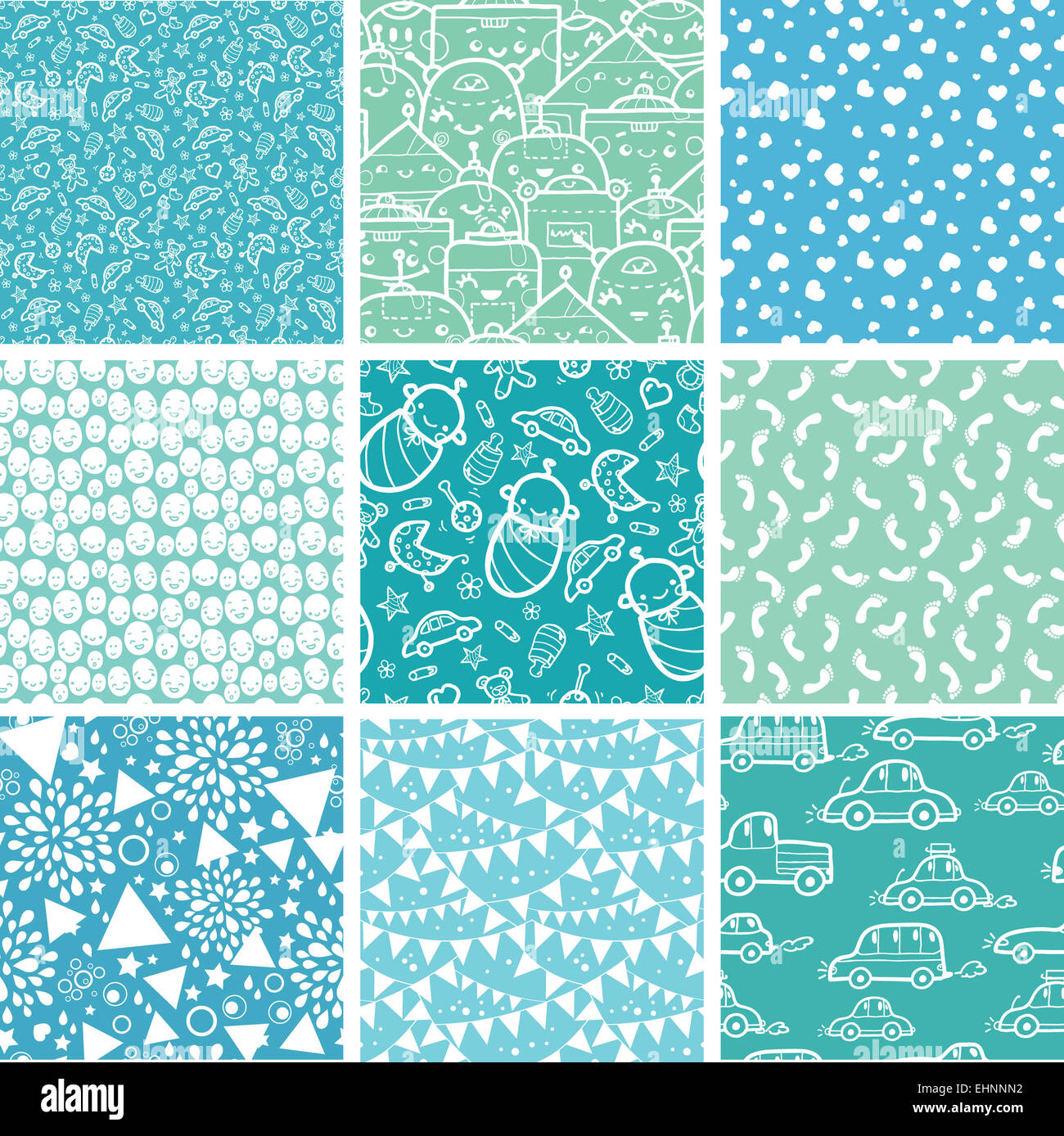 Neun junge blaue Musterdesigns Hintergründe Babykollektion Stockfoto