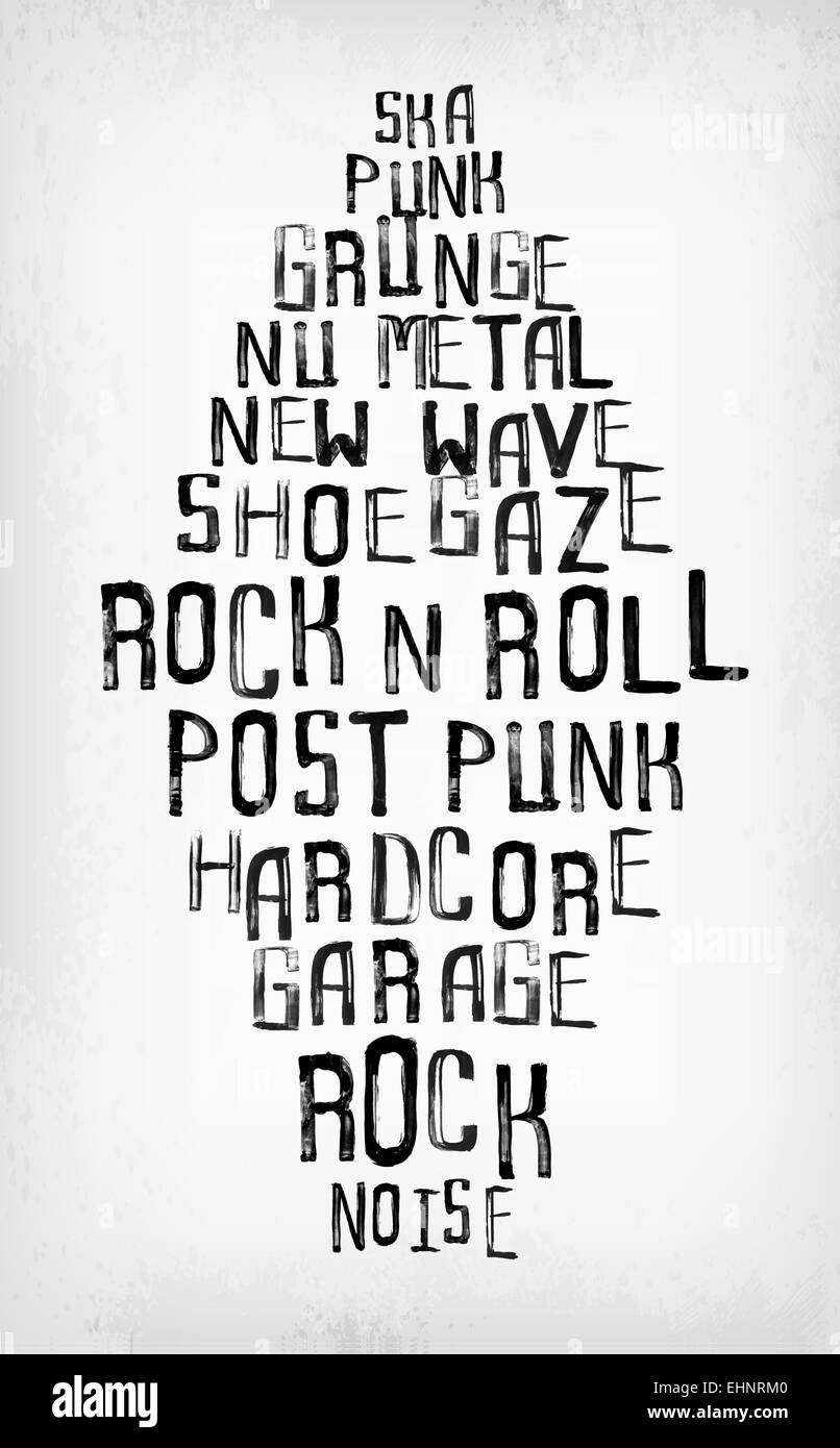 Rock Musikstile tag Cloud, Grunge-Oldschool-Typografie-Stempel-Stil-poster Stockfoto